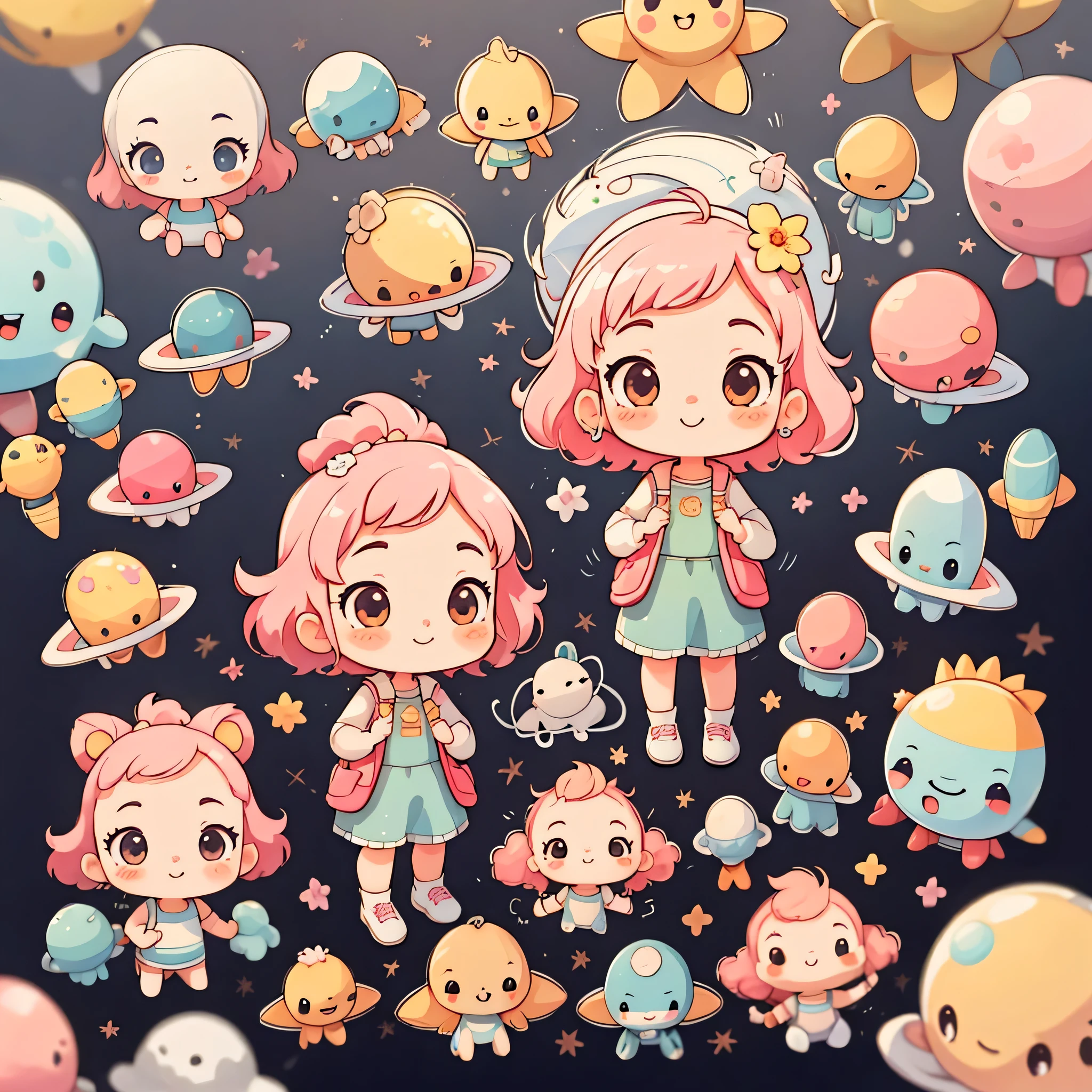 Momoko Sakura style、sticker,1 girl,(((Chibi)))、The background is space,pink hair,bob hair,sunflower,best smile、Cute Aliens