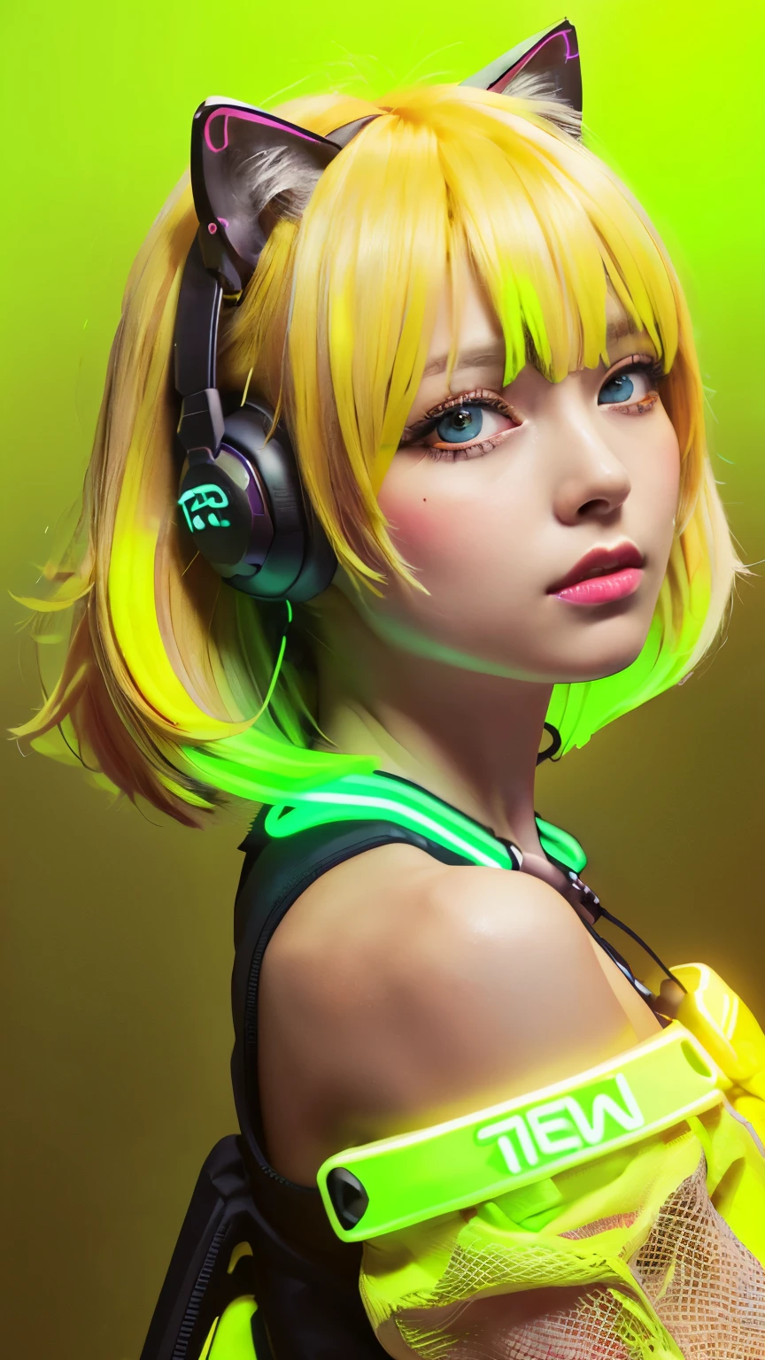 masterpiece, highest quality, 4K, Photorealistic, bokeh, enlightenment,1 perfect portrait of a girl, (A fascinating eye for perfect detail:1.2), colorful hair, (gradient hair), (neon yellow hair:1.6), (Cat ear:1.2), fantasy background, (exposed bare shoulders), (long-term alienation sleeve), (lean forward a little), head tilt, movie lighting, oversized clothes, (seductive pose:1.4), (neon yellow background:1.6), beautiful blue eyes, close up,