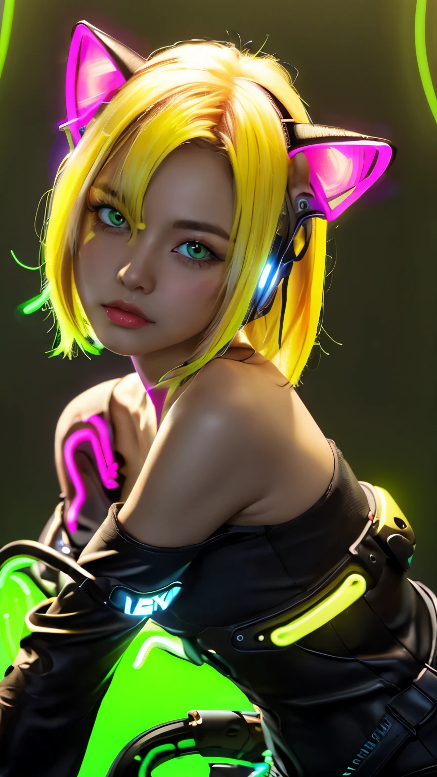 masterpiece, highest quality, 4K, Photorealistic, bokeh, enlightenment,1 perfect portrait of a girl, (A fascinating eye for perfect detail:1.2), colorful hair, (gradient hair), (neon yellow hair:1.6), (Cat ear:1.2), fantasy background, (exposed bare shoulders), (long-term alienation sleeve), (lean forward a little), head tilt, movie lighting, oversized clothes, (seductive pose:1.4), (neon yellow background:1.6), beautiful blue eyes, close up,