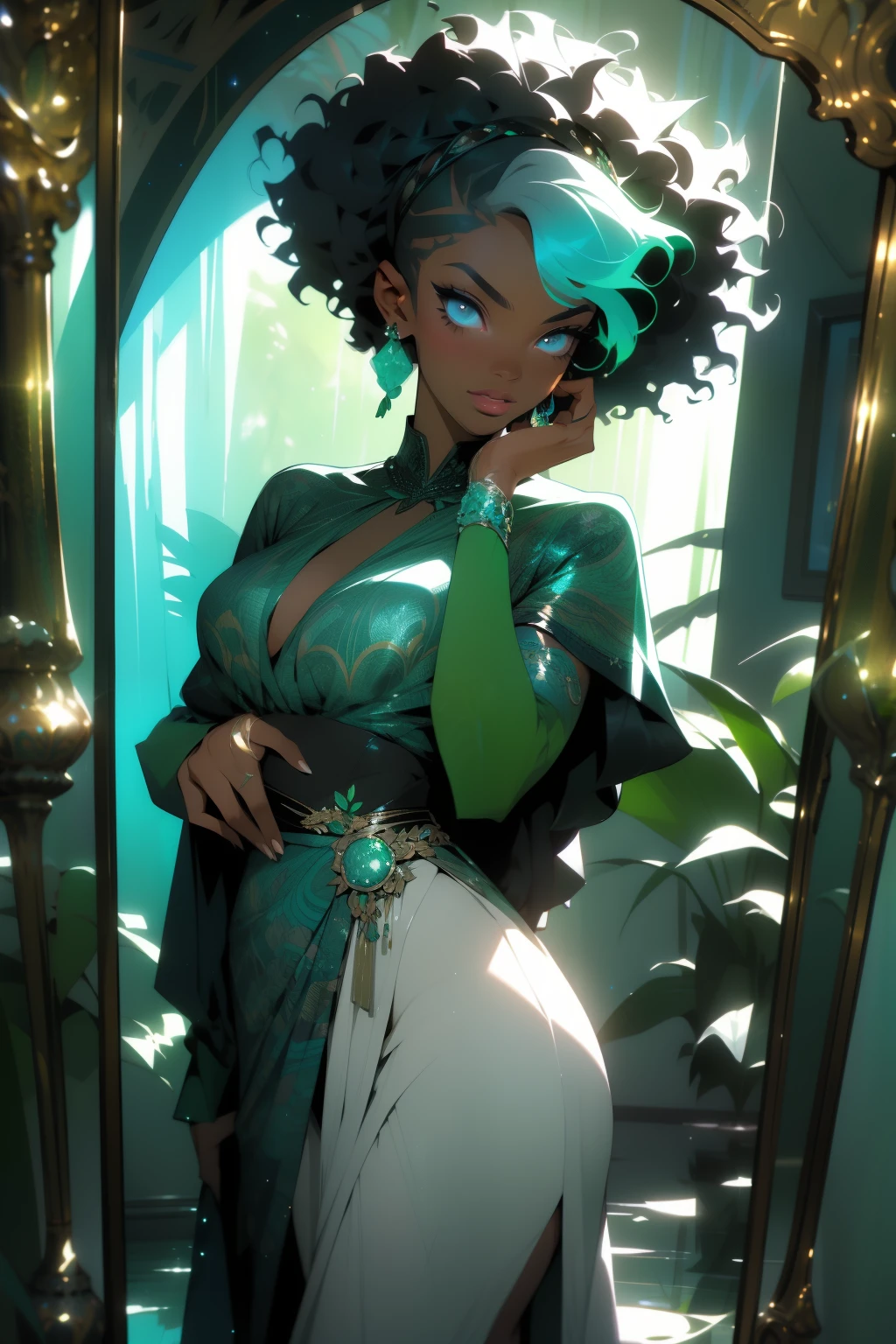 A woman with resplendent black skin, with curly black hair that forms a natural frame, displays emerald green eyes that capture attention. Her body features an elegant slim waist, robust thighs and a delicately , while wearing a stunning Grecian outfit that highlights her unique beauty.