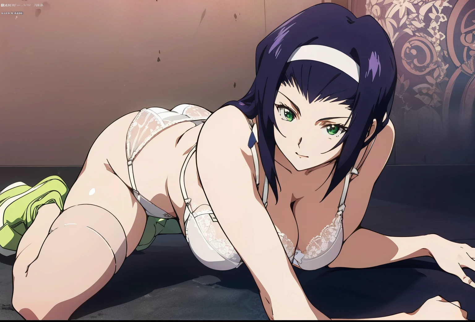 From side,(((Realistic white lace panties,white lace bra))),1 girl,all fours ,crawling,middle breasts, Faye Valentine, yellow hair band, white shoes, Thighhighs, purple hair, green eyes , masterpiece ,8k unity wallpaper,anime key visual,highest quality, High resolution, unity 8k wallpaper, (shape:0.8), highly detailed face,highly detailed eye,glowing eyes , shiny skin,fine skin,white skin,dense skin,detailed hair,highly detailed legs,perfect lighting, Detailed CG, (perfect hands, perfect anatomy),High resolution,anime key visual,Kyoto Animation,(Detailed wear ), delicate curves,   ,figure:0.8,beautiful thighs,