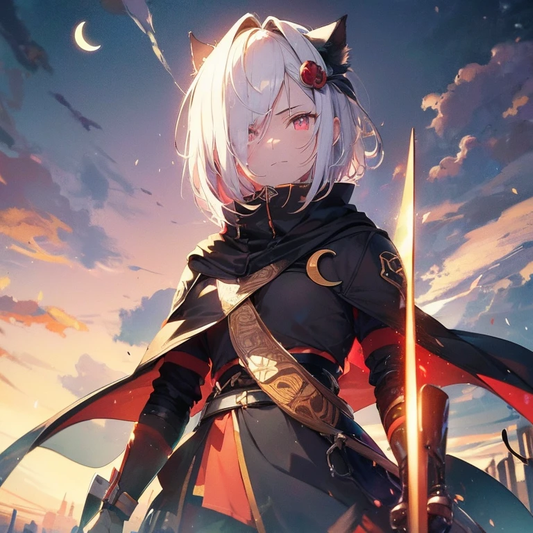 (fantasy illustration:1.5), (alone:1.2), (anime,8K,masterpiece, highest quality, highest quality,beautiful and aesthetic:1.2,professional illustration:1.1, 2D beautiful boy:1.5、highest quality:1.5、((perfect fingers:1.1))、perfect anatomy:1.1、perfect face:1.1、perfect hands:1.1、perfect feet:1.1)、beautiful illustrations,Boyish body、ultra detail:1.3,perfect lighting),beautiful illustrations, highest quality, 1 boy,looking at the viewer,red eyes,silver hair,short hair blowing in the wind,black breastplate,black coat,black uniform,Cat Boy,animal ears, medieval student, red flower hair ornament, sword clad in darkness,spark,strong wind, dead leaves dancing in the wind, wallpaper, high contrast, colorful, cinematic lighting, cowboy shot, anime調, sense of speed, dagger master, professional illustration:1.1, cute, super sophisticated, High resolution, Highly detailed CG, soft lighting, Interesting subjective video, seductive smile, Good style small breasts, ((spirit of the wind)), (((Desert, wilderness, abandoned city and crescent moon background))), strong wind, black cloak, (black stockings), iron sword, Holding a sword,fantasy land, fairy lights, lens perspective, excellent anatomy, beautiful lighting, nighttime, night, 超cute girl, 超cute face, highly detailed eyes, perfectly symmetrical face,small young ,tsundere face,Sunlight shining from the upper left,fog,black mask