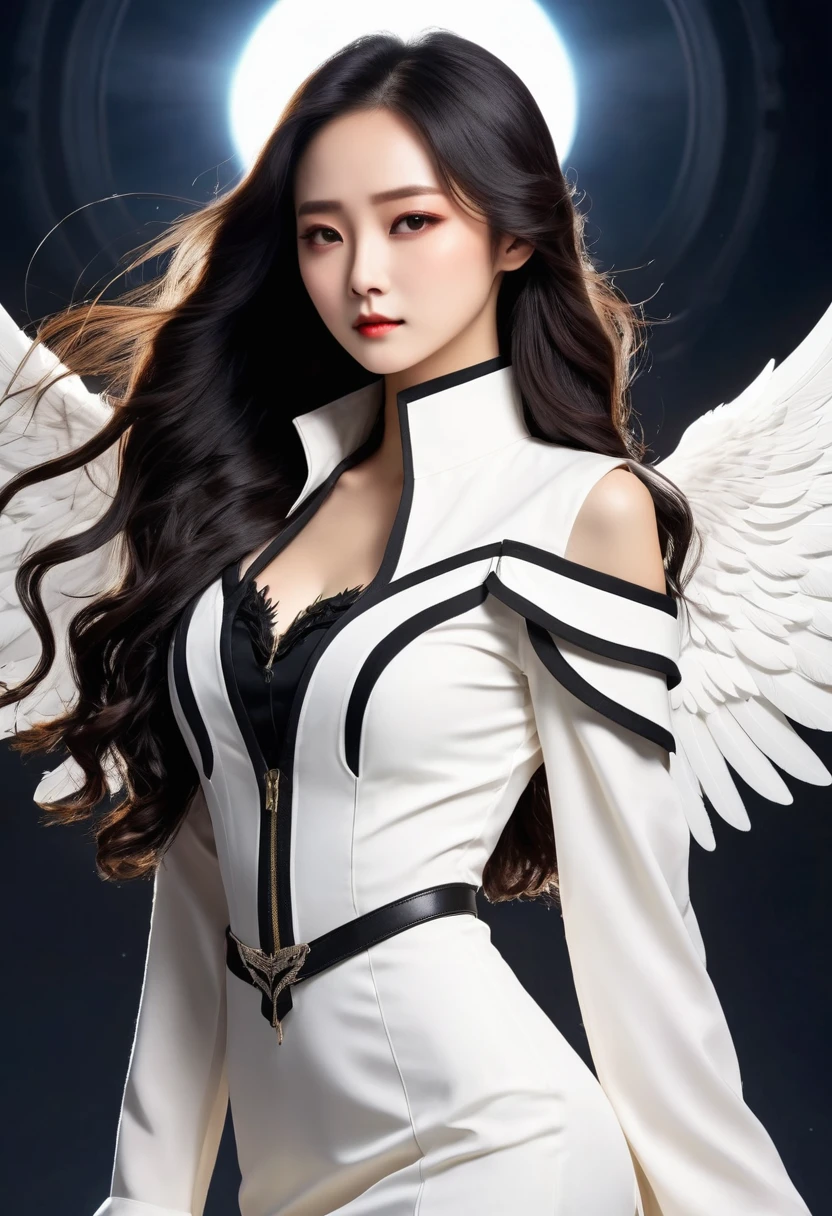 Cowboy shooting, (black wings:1.2), Very long hair, Side Mao Insult, collar, Keep, Off the shoulders, (white dress:1.3), white jacket,halo,