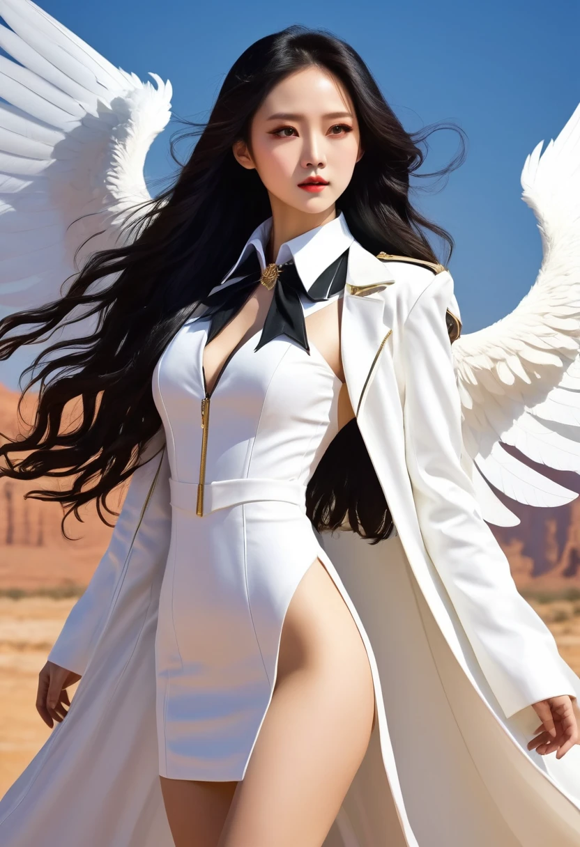 Cowboy shooting, (black wings:1.2), Very long hair, Side Mao Insult, collar, Keep, Off the shoulders, (white dress:1.3), white jacket,halo,