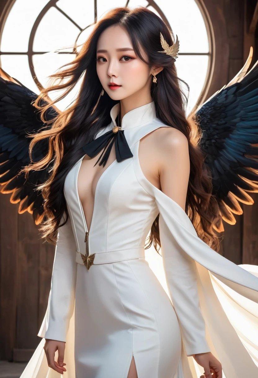 Cowboy shooting, (black wings:1.2), Very long hair, Side Mao Insult, collar, Keep, Off the shoulders, (white dress:1.3), white jacket,halo,