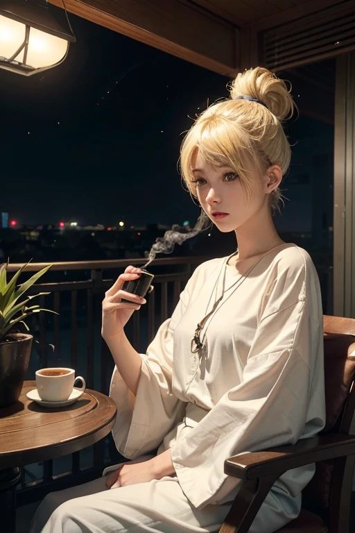 20 year old woman, blonde, (high top fade:1.3), dark theme, soothing tone, calm colors, high contrast, (natural skin texture, hyper realism, soft light, sharp),Tokyo apartment at night、On the balcony where you can see the neon lights、The balcony space is surrounded by plants.、The space is decorated with illumination lights hanging from the ceiling.、Candles are lit on the table、Incense smoke rising。One woman、Sitting on a chair、Put on headphones and listen to music、Read a book、Drink coffee、smoking a cigarette