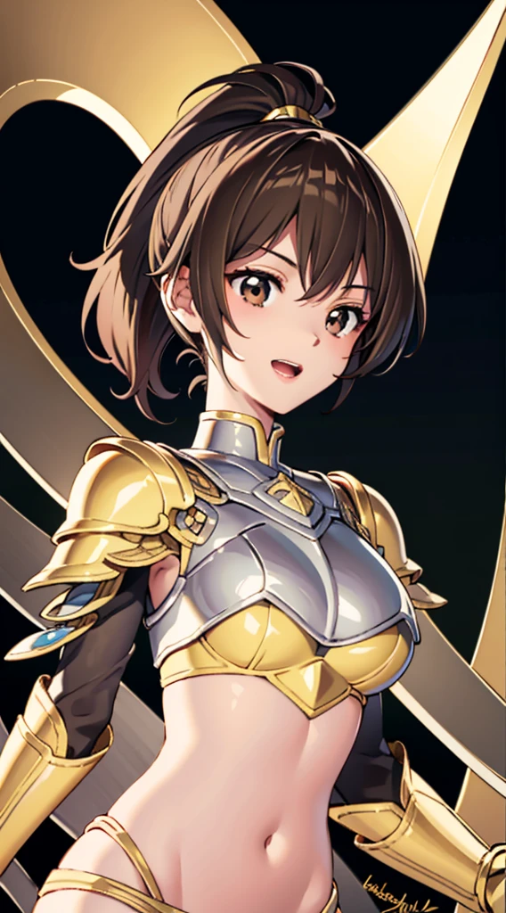 (1 girl,alone) ,fantasy, High resolution, 19 Private, original, (waist sheath:1.3), smile with open mouth, , short hair, medium breasts, view viewer, bangs ,Hazel eye detail, , put your hand on your chest,(brown hair,short ponytail hair:1.5), ,short hair, Are standing,straight, Avec,(Full body Esbian:1.1), white thighs,(Avec:1.4),Close-up portrait of a woman in gold armor, armor girl, ビキニアーマーのfemale knight, gold bikini armor,gold bikini armor, gorgeous female paladin, female knight, 美しいfemale knightの, beautiful armor, Slender、gold bikini armor, exposure of the abdomen, Glamorous gold bikini armor, stunning armor, The beautiful knight smiled,vertical navel、skin luster、Esbians with rough skin,Futomo,silver armored boots,Don