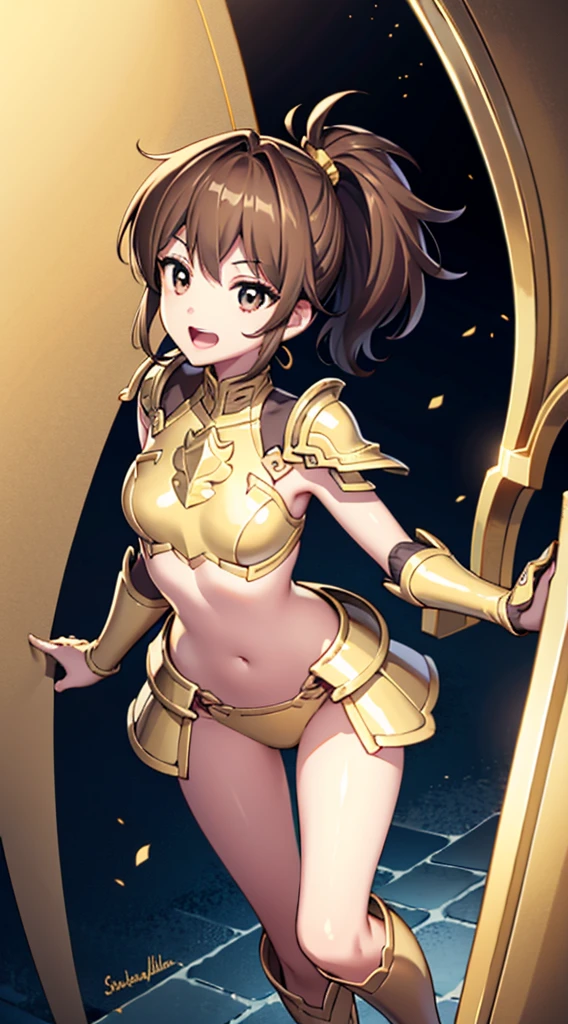 (1 girl,alone) ,fantasy, High resolution, 19 Private, original, (waist sheath:1.3), smile with open mouth, , short hair, medium breasts, view viewer, bangs ,Hazel eye detail, , put your hand on your chest,(brown hair,short ponytail hair:1.5), ,short hair, Are standing,straight, Avec,(Full body Esbian:1.1), white thighs,(Avec:1.4),Close-up portrait of a woman in gold armor, armor girl, ビキニアーマーのfemale knight, gold bikini armor,gold bikini armor, gorgeous female paladin, female knight, 美しいfemale knightの, beautiful armor, Slender、gold bikini armor, exposure of the abdomen, Glamorous gold bikini armor, stunning armor, The beautiful knight smiled,vertical navel、skin luster、Esbians with rough skin,Futomo,silver armored boots,Don