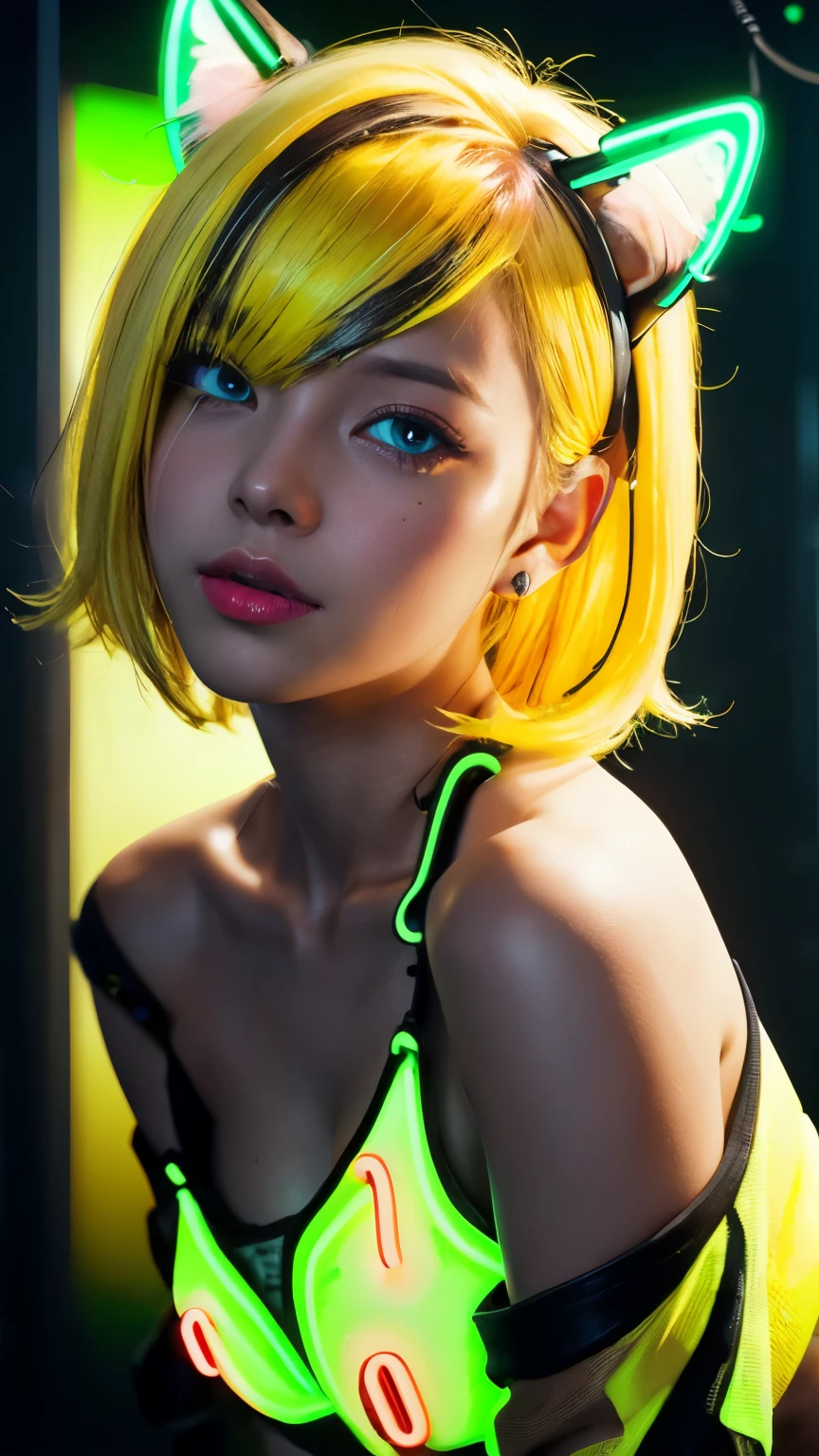 masterpiece, highest quality, 4K, Photorealistic, bokeh, enlightenment,1 perfect portrait of a girl, (A fascinating eye for perfect detail:1.2), colorful hair, (gradient hair), (neon yellow hair:1.6), (Cat ear:1.2), fantasy background, (exposed bare shoulders), (long-term alienation sleeve), (lean forward a little), head tilt, movie lighting, oversized clothes, (seductive pose:1.4), (neon yellow background:1.6), beautiful blue eyes, close up,
