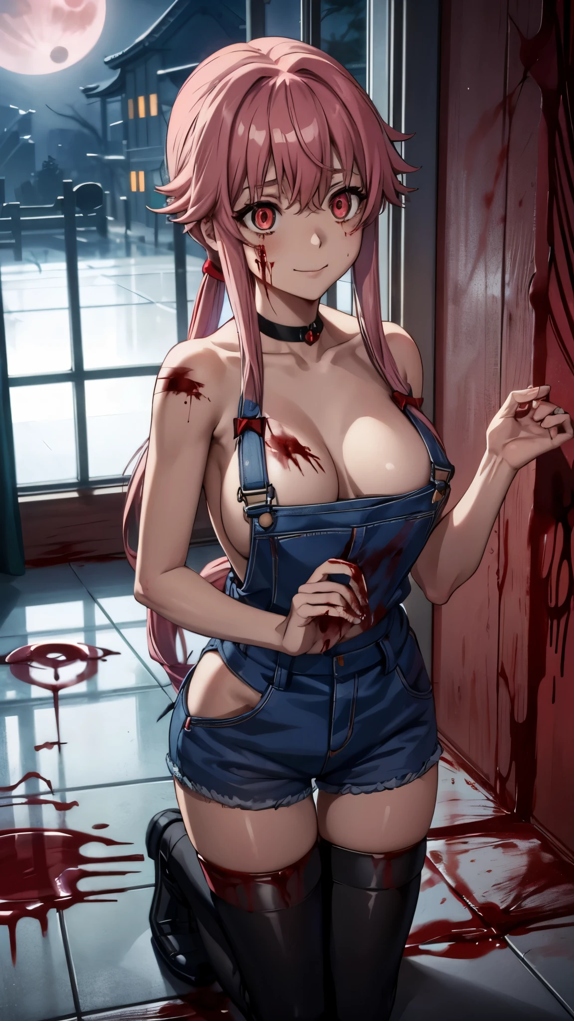 anime_still, masterpiece, best quality, 1girl, yuno gasai, long hair, pink hair, low twintails, smile, naked, red eyes, (large breasts:1.5),1girl, black choker, dark grey, overalls, leather gloves, black boots, (window behind her with the moonlight:1.5) shining through, (blood on floor:1.5), (blood on body:1.5), (evil eyes:1.4), red eyes,