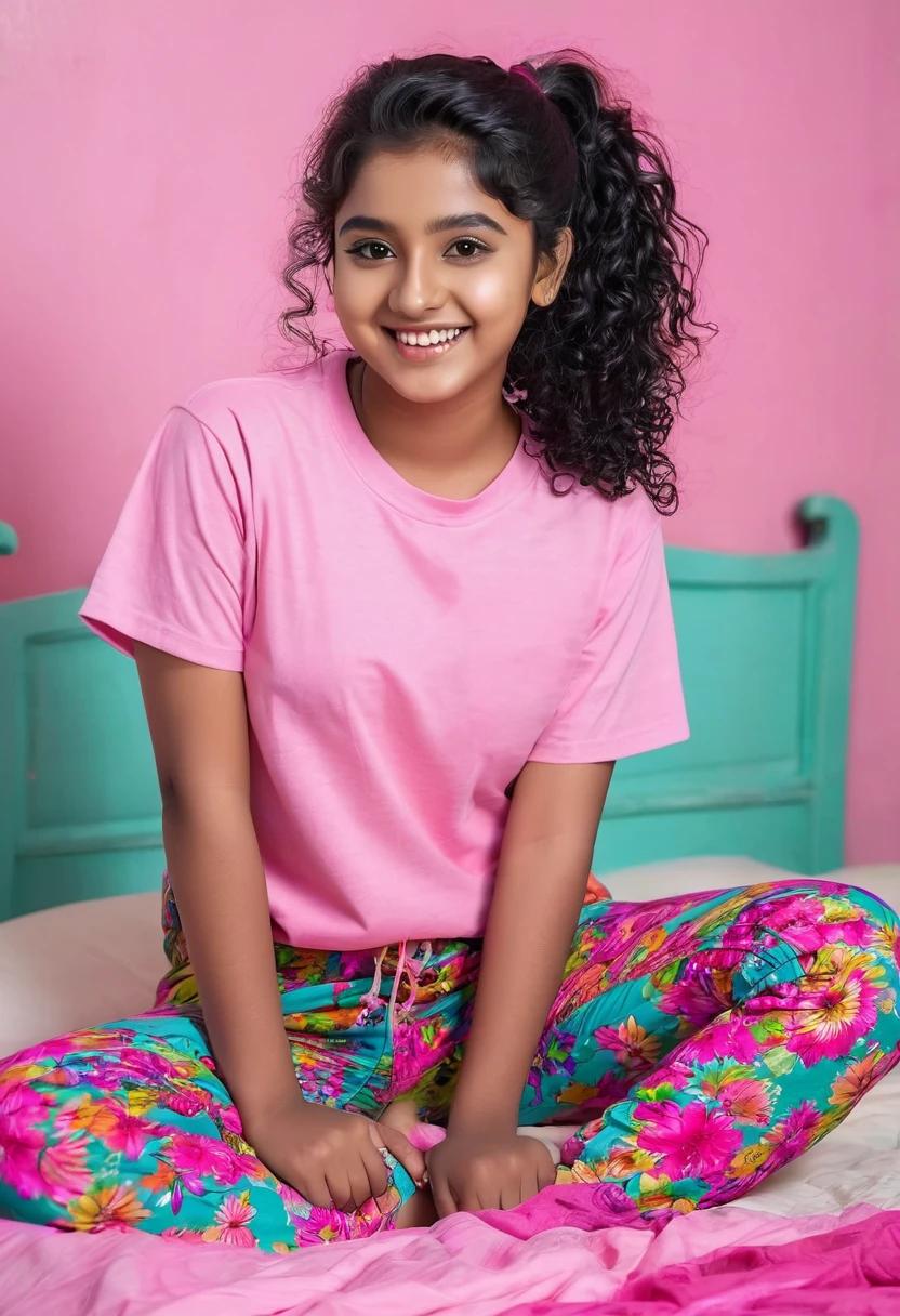 Cute innocent girl Tamil fair skin colour curly black hair one pony sexy body full body smiling on bed wearing long pink t shirt and colourful pants same face different poses