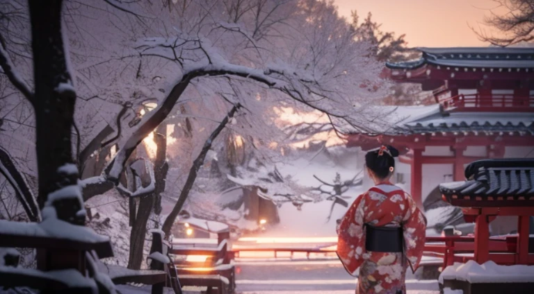 There is a woman wearing a kimono walking in the snow., inspired by Itō Shinsui, japanese kimono, japanese woman, red kimono, Japanese style, traditional japanese colors, Japanese style, Inspired by Kyoto, traditional japanese, inspired by Torii Kiyomitsu, by Torii Kiyomasu, elegant japanese woman, by Torii Kiyomitsu