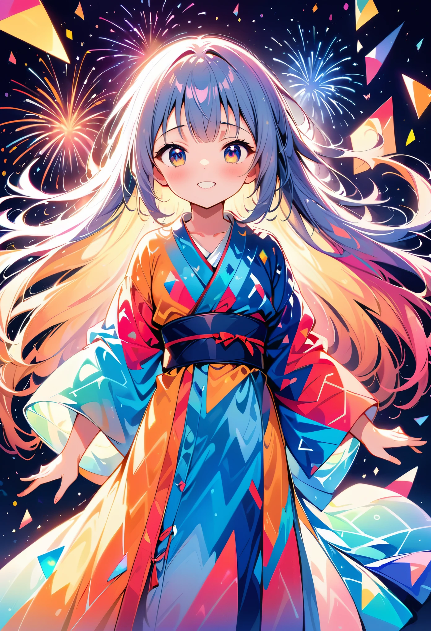 Seamless geometry，blank background，Geometric puzzle style，cute girl, shining eyes, ,  hapiness，cute smile，flowing hair，Light blue geometric pattern yukata，Colorful geometric shapes around，Vibrant colors，Sparkling fireworks in the background，Colorful geometric shapes，eye-catching composition，abstract pattern，Geometric symmetry，Striking visual impact，artistic interpretation，expressive brushstrokes，Translucent layers，contrasting tones，Warm and cool light exposure，Ethereal and magical atmosphere，seductive and captivating scene