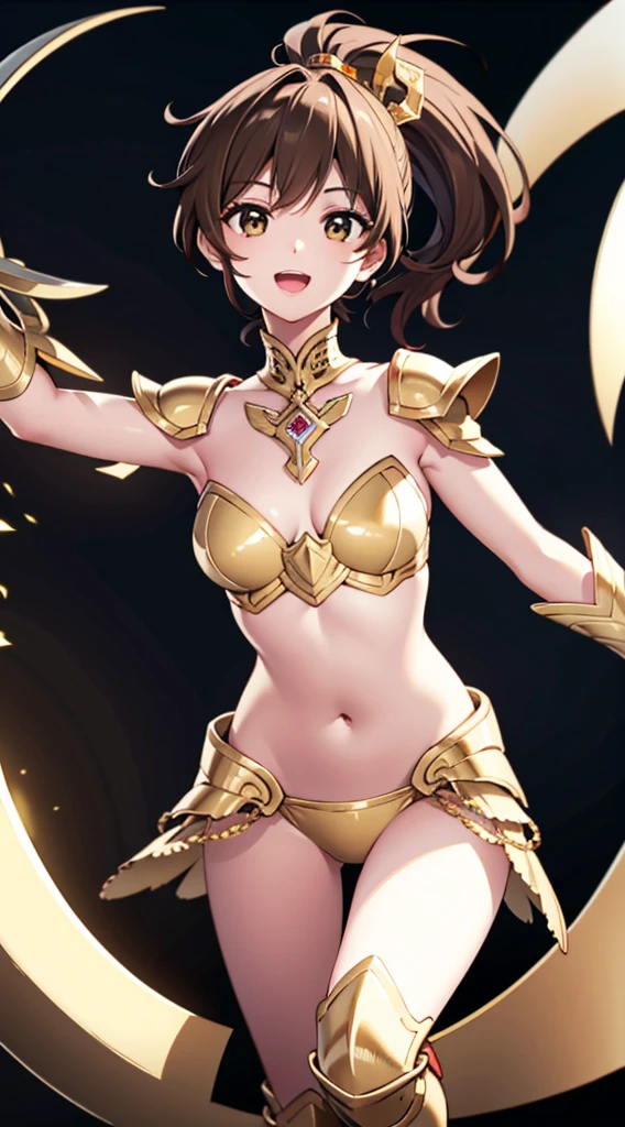 (1 girl,alone) ,fantasy, High resolution, 19 Private, original, (waist sheath:1.3), smile with open mouth, , short hair, medium breasts, view viewer, bangs ,Hazel eye detail, , put your hand on your chest,(brown hair,short ponytail hair:1.5), ,short hair, Are standing,straight, Avec,(Full body Esbian:1.1), white thighs,(Avec:1.4),Close-up portrait of a woman in gold armor, armor girl, ビキニアーマーのfemale knight, gold bikini armor,gold bikini armor, gorgeous female paladin, female knight, 美しいfemale knightの, beautiful armor, Slender、gold bikini armor, exposure of the abdomen, Glamorous gold bikini armor, stunning armor, The beautiful knight smiled,vertical navel、skin luster、Esbians with rough skin,Futomo,silver armored boots,Don
