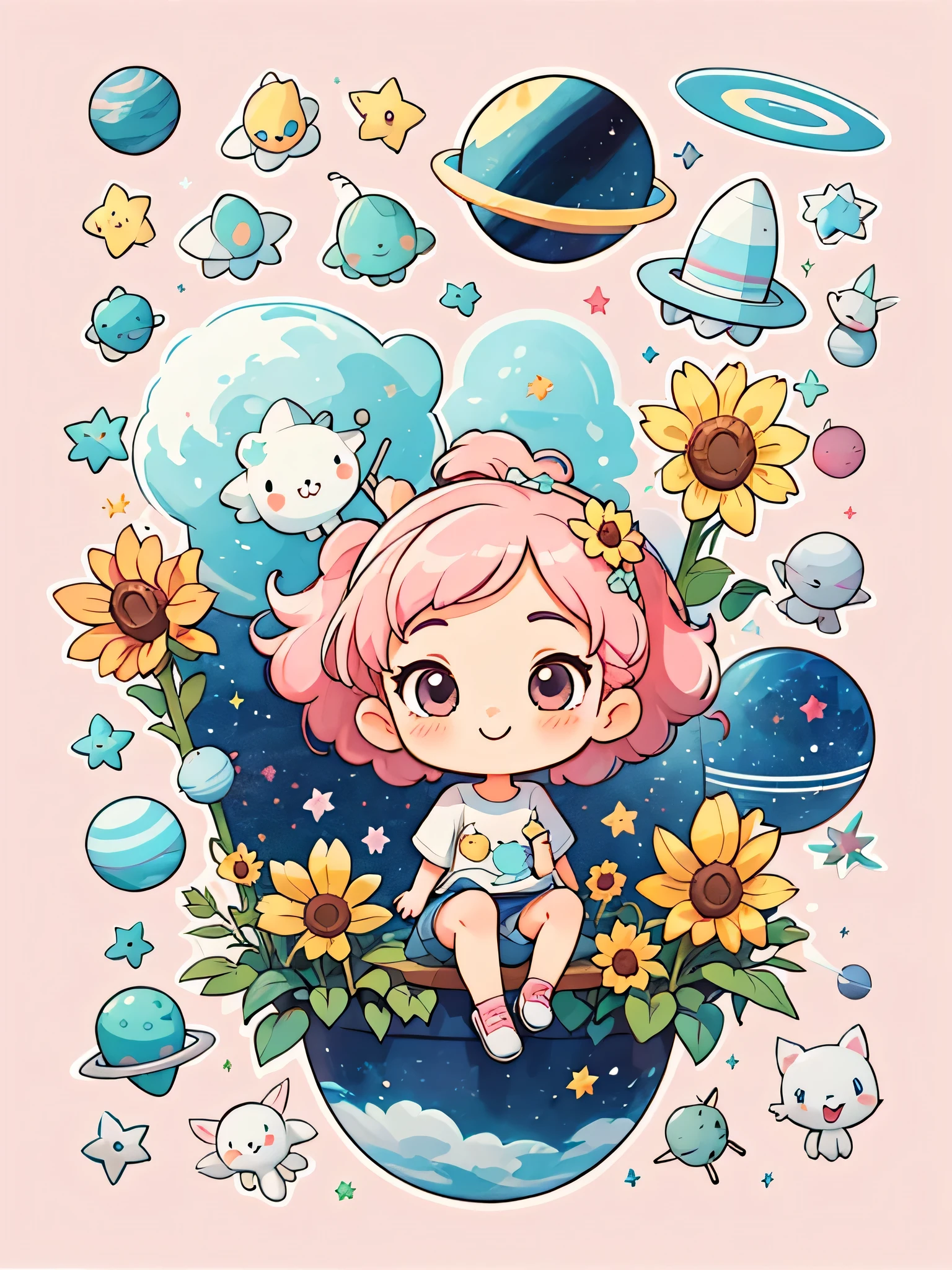 Momoko Sakura style、tshirt design,1 girl,(((Chibi)))、The background is space,pink hair,bob hair,sunflower,best smile、Cute Aliens
