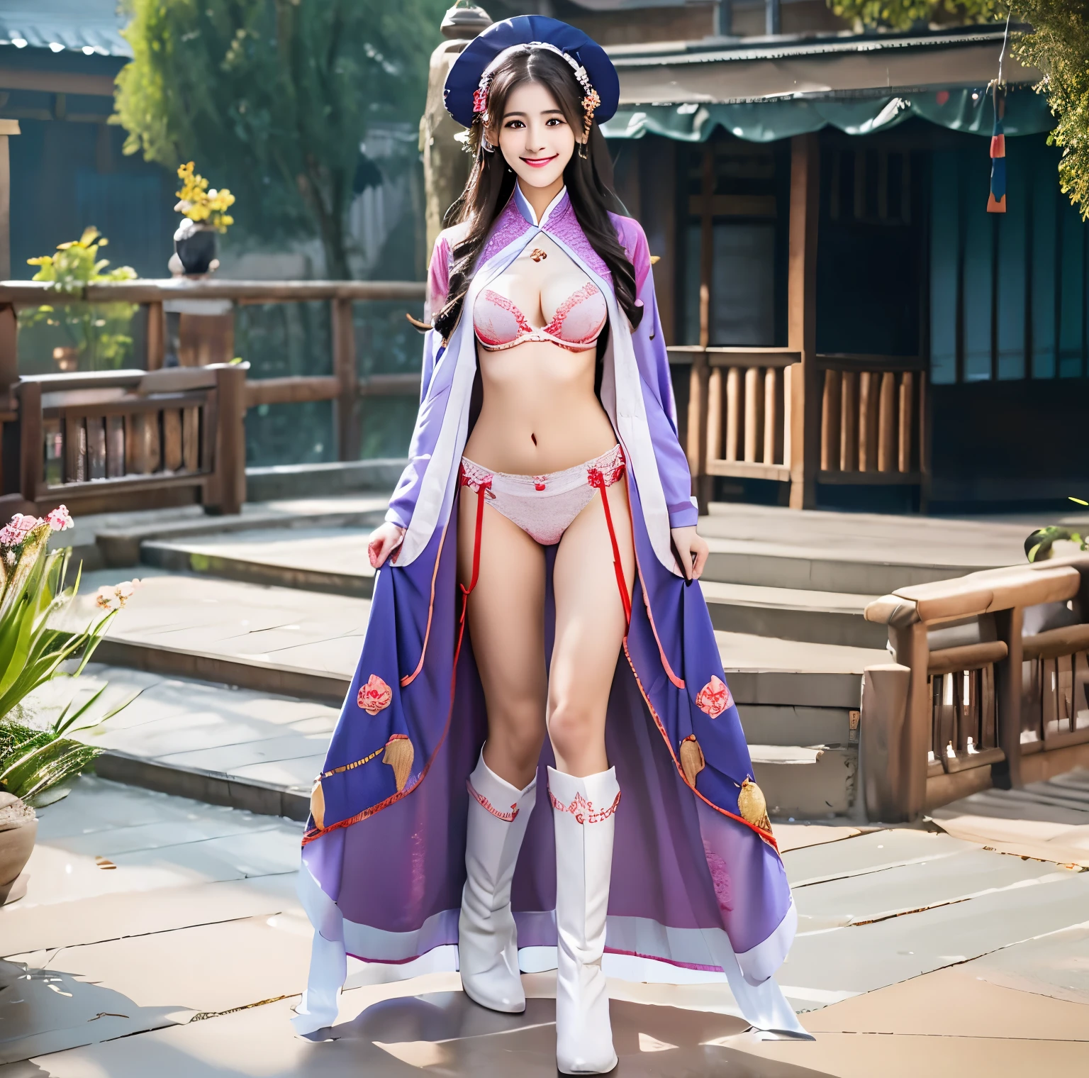 美麗的fantasy皇后, anime goddess, full body xianxia, ((美麗的fantasy皇后)), sweet smile，Sexy red bikini underwear，high-cut underwear，high cut underwear，Long-legged girl，put on boots，White boots，huge breasts，Put on your hat, Chinese Hanfu，fantasy服装, Sha Xi, ((美麗的fantasy皇后)), Put on the priest&#39;s cloak, full body purple cloak, 穿着fantasy服装, Anime girls cosplay look at the audience，facing the audience，Put your hands beside you,flowing long hair，Surreal 8000g，Impeccable，masterpiece，professional artwork，famous artwork，Light，movie bloom，perfect face，pretty face，fantasy，Dreamy and magical，not real，intricate details，Exquisite pattern