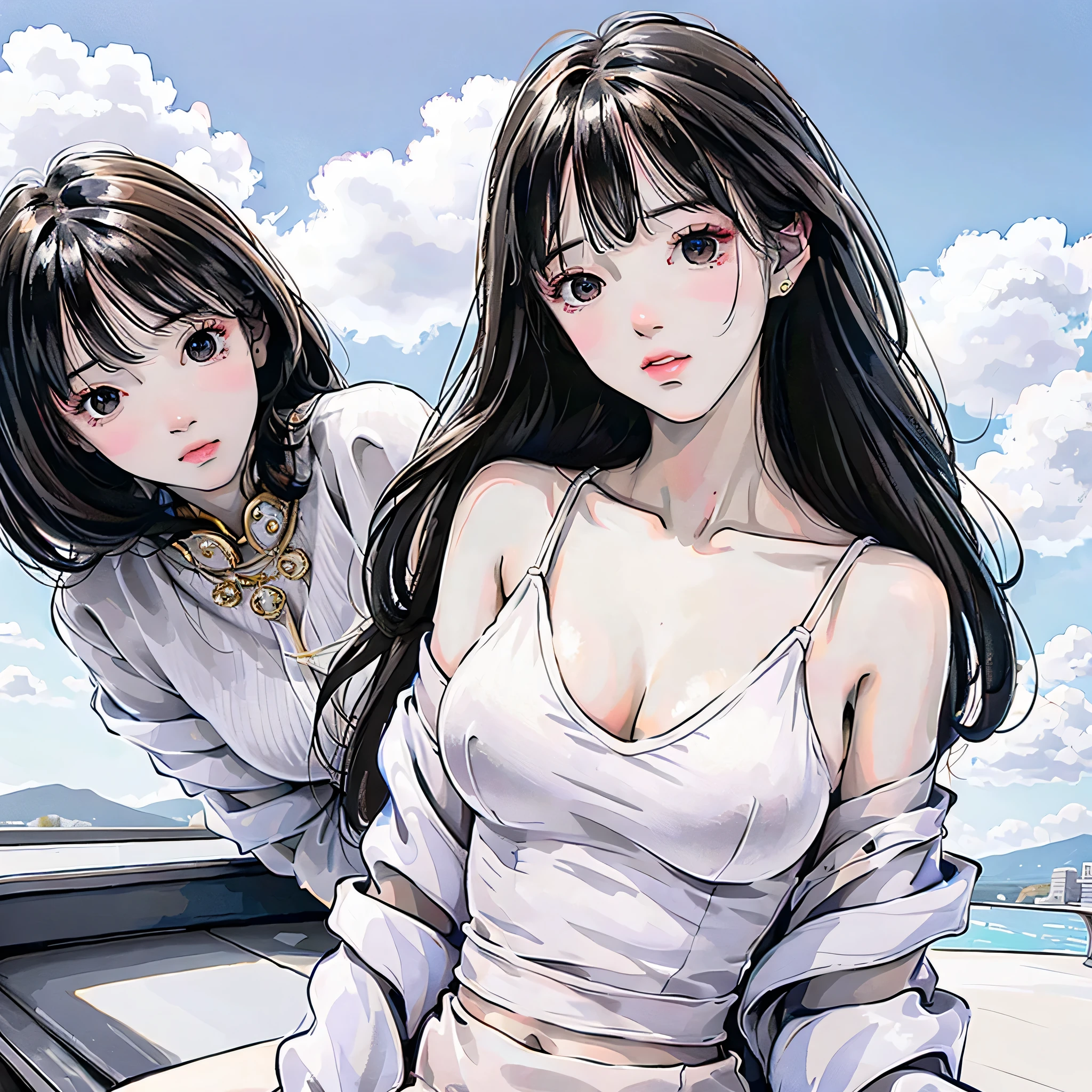 (Solo:1.3)), 1Girl, Best Quality, Realistic, Photorealistic, Best Quality, Masterpiece, Very Delicate and Beautiful, Very Detailed, (Selfie:1.2), Fine Detail, Ultra Detail, High Definition, Very Detailed, Realistic, Ultra High Definition, Best Quality, Ultra High Definition, (Real:1.4), High Quality Texture, Wearing White and Thin Summer Knit, On Rooftop, Bangs, Long Hair , afternoon light, spectacular sky and clouds