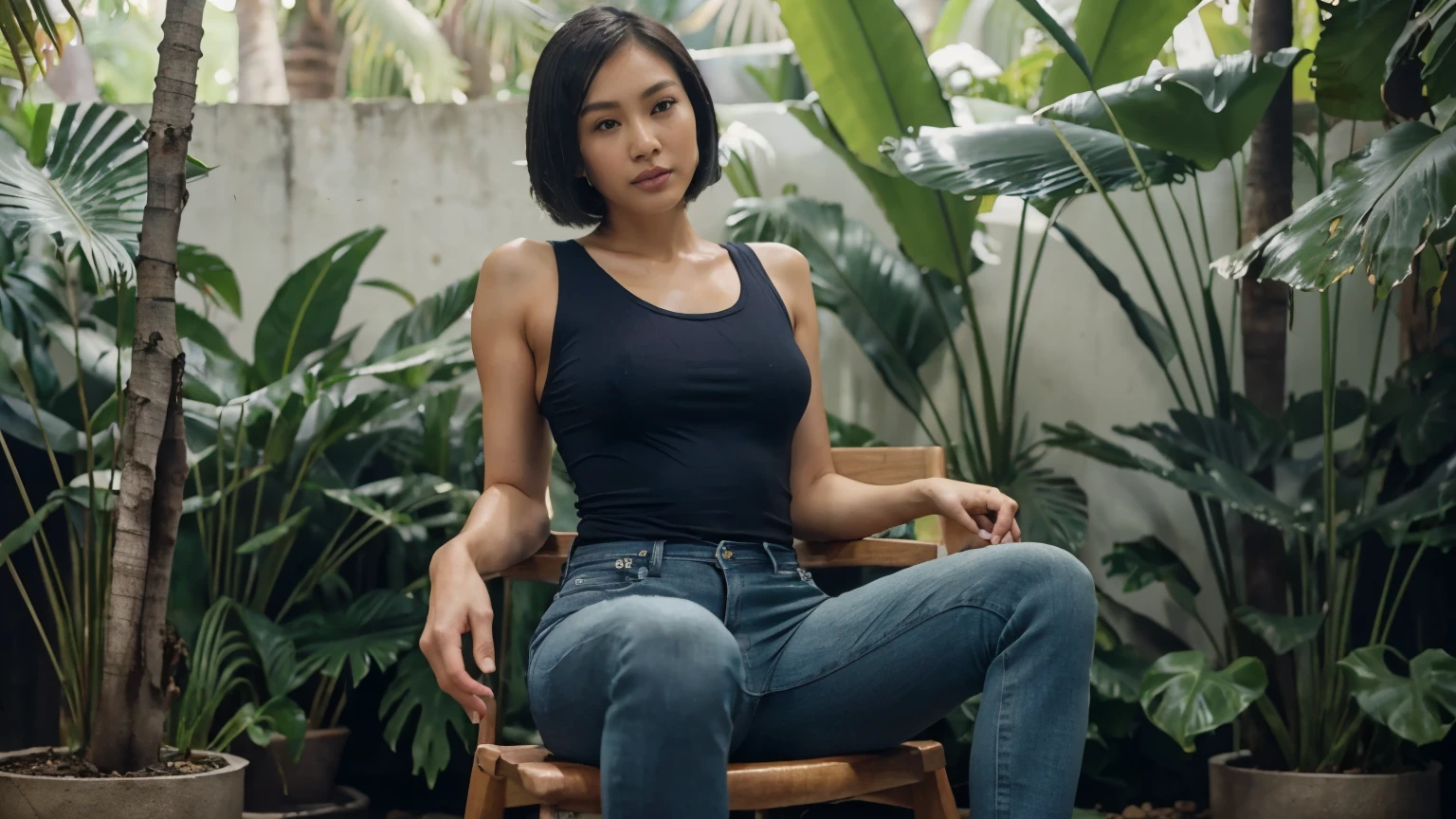 Wide shot, ground level from below, beautiful Thai woman, 35 years old, bob cut hair, tight fitting wet tank top in shades of dark blue, skinny black jeans, sitting in a chair, legs spread. Background in shades of out of focus jungle green. hyper realistic, best quality.