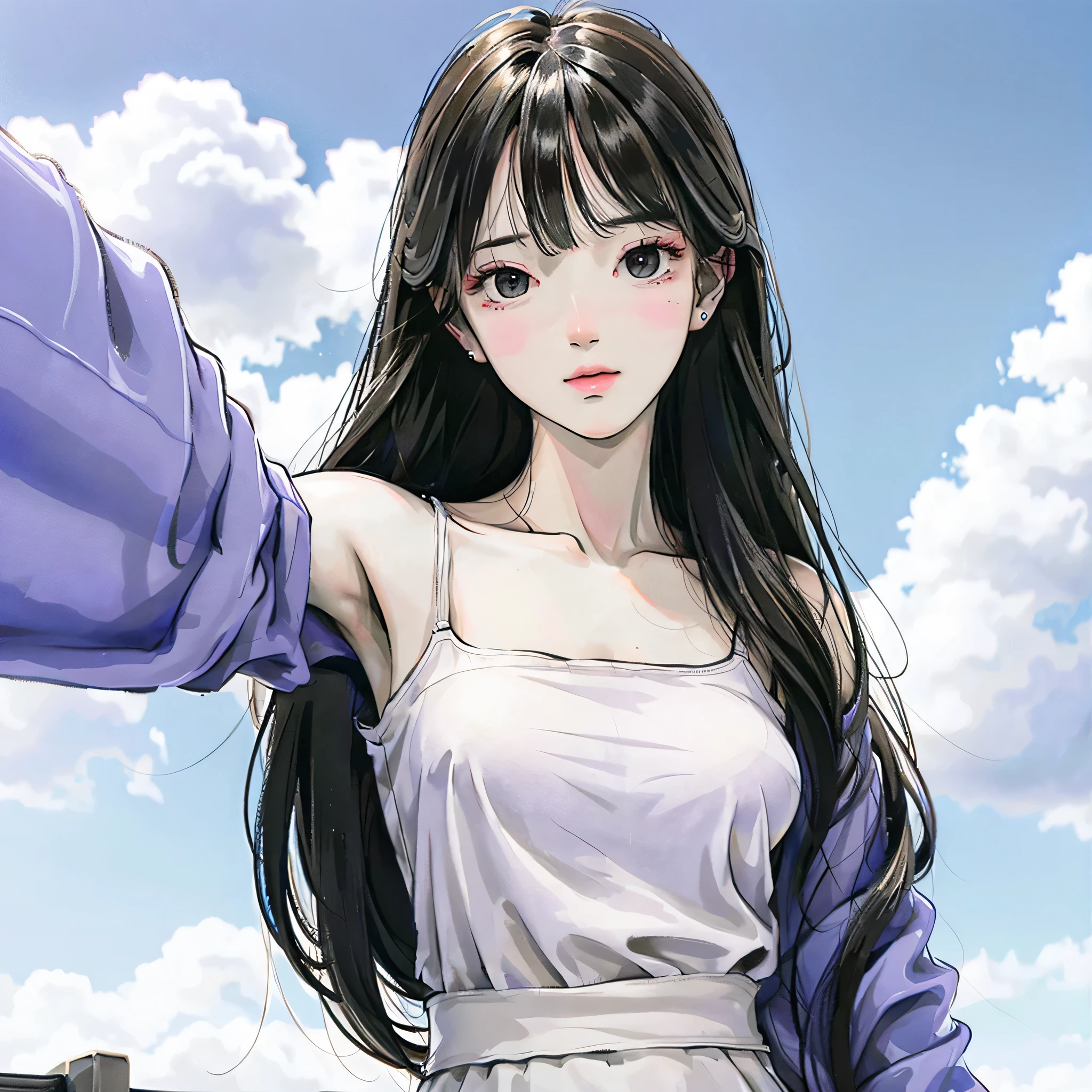 (Solo:1.3)), 1Girl, Best Quality, Realistic, Photorealistic, Best Quality, Masterpiece, Very Delicate and Beautiful, Very Detailed, (Selfie:1.2), Fine Detail, Ultra Detail, High Definition, Very Detailed, Realistic, Ultra High Definition, Best Quality, Ultra High Definition, (Real:1.4), High Quality Texture, Wearing White and Thin Summer Knit, On Rooftop, Bangs, Long Hair , afternoon light, spectacular sky and clouds