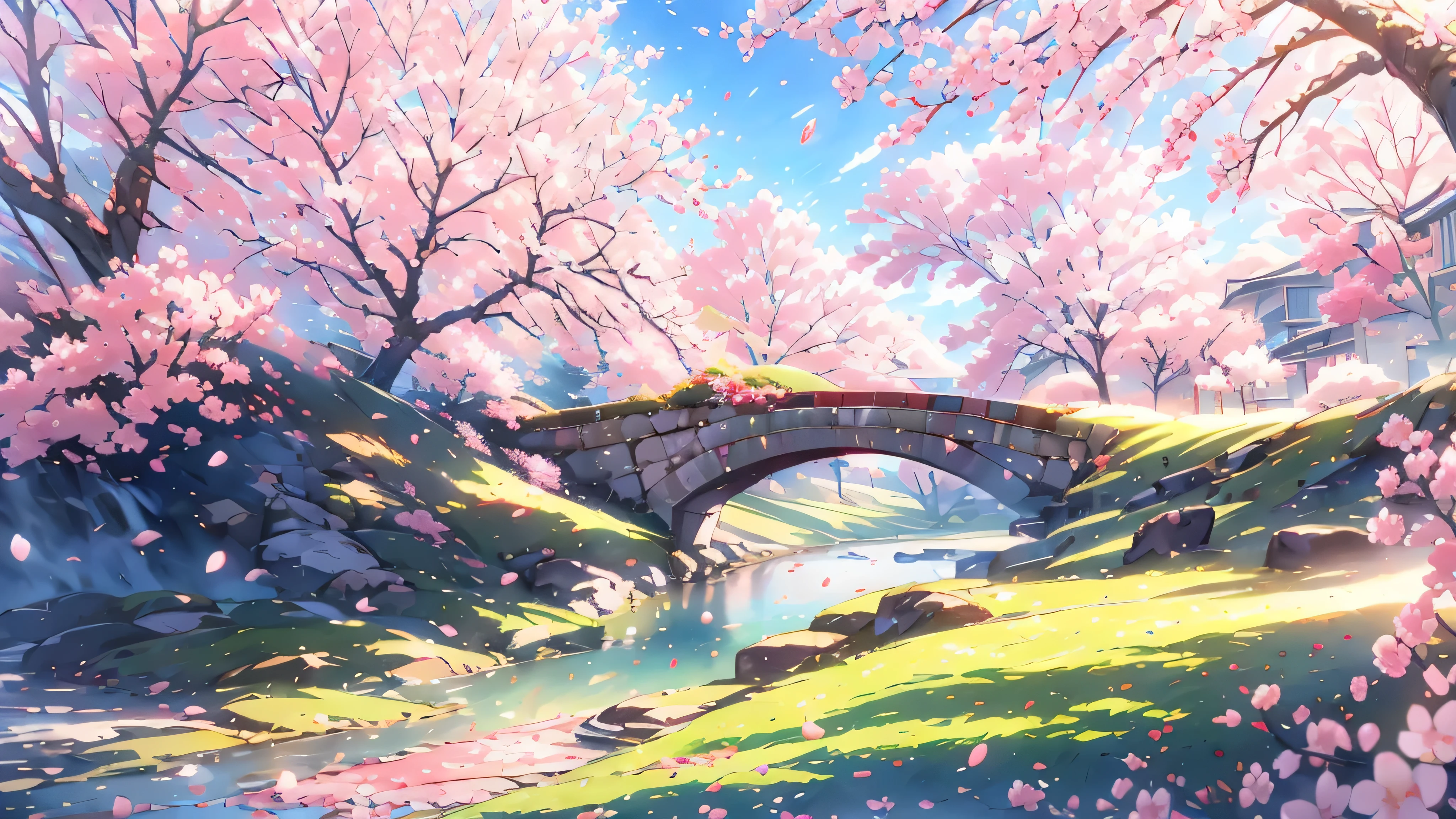 Cherry blossom trees、A fantastical scene of cherry blossoms falling、spring、warm sunshine、countryside landscape、nostalgic、Mother and puppy walking by the river、it&#39;s raining、person walking with an umbrella