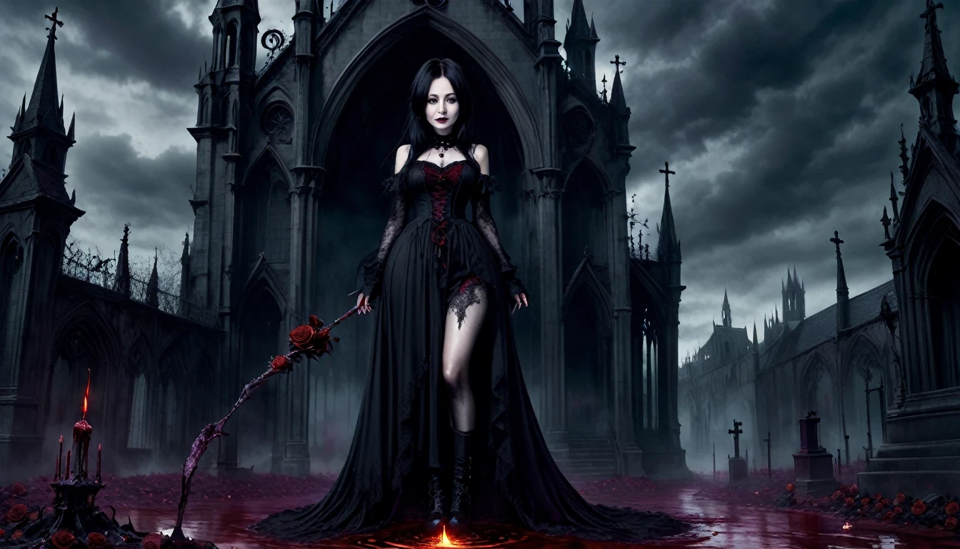 (Shannen Doherty) , （Messenger from hell：1.4），cross，a giant Blood-sucking ghost，View of sickle from below，hell，magma，flame，（purple flame：1.3），There is fresh Blood on the ground，Blood pool，dripping Blood，Gothic aesthetics，one、Rose、castle、cross、Blood、churchyard，The mystery of gothic style、solemn and profound，gothic style，gothic style lace clothes、Rose symbolizes romance、grave、Blood-sucking ghost、witch、ruins、gothic cathedral，Gothic symbols series