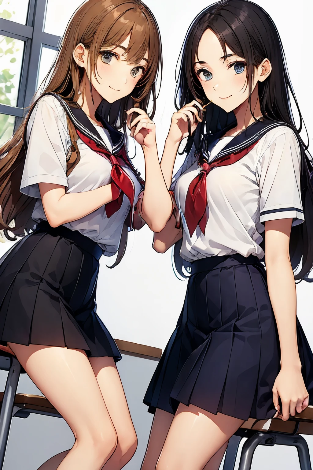 Two high school girls eating lunch、seductive smile、school classroom、sitting in a chair