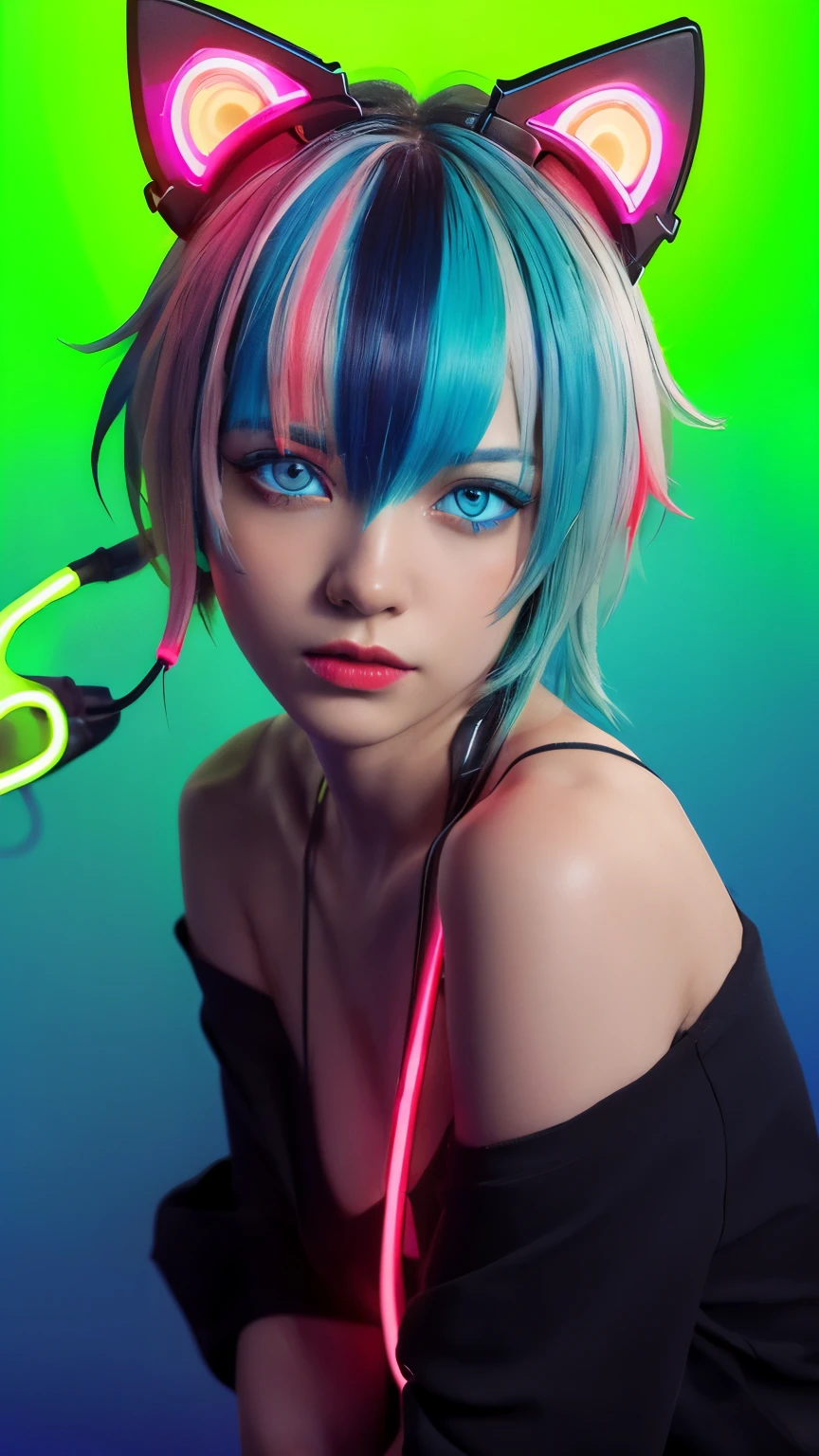 masterpiece, highest quality, 4K, Photorealistic, bokeh, enlightenment,1 perfect portrait of a girl, (A fascinating eye for perfect detail:1.2), colorful hair, (gradient hair), (neon blue hair:1.6), (Cat ear:1.2), fantasy background, (exposed bare shoulders), (Neon blue long-term alienation sleeve), (lean forward a little), head tilt, movie lighting, oversized clothes, (seductive pose:1.4), (neon blue background:1.6), beautiful blue eyes, close up,