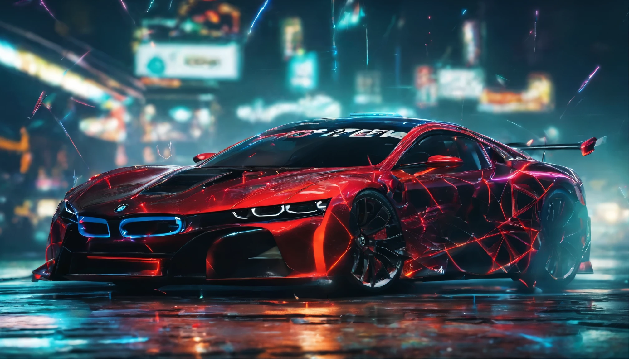 In this charming way, a sports car represents power and dynamism. Her gaze radiates determination, and her figure radiates confidence, creating the perfect contrast to the power of a sports car.A whirlwind of multi-colored smoke unfolds behind the car., giving the scene additional dynamism and mystery. This array of multi-colored smoke not only frames the car, but also symbolizes energy and movement., enveloping this exciting moment.This painting captures attention and conveys not only beauty and style, but also excitement and adrenaline, related to the world of sports BMW..
