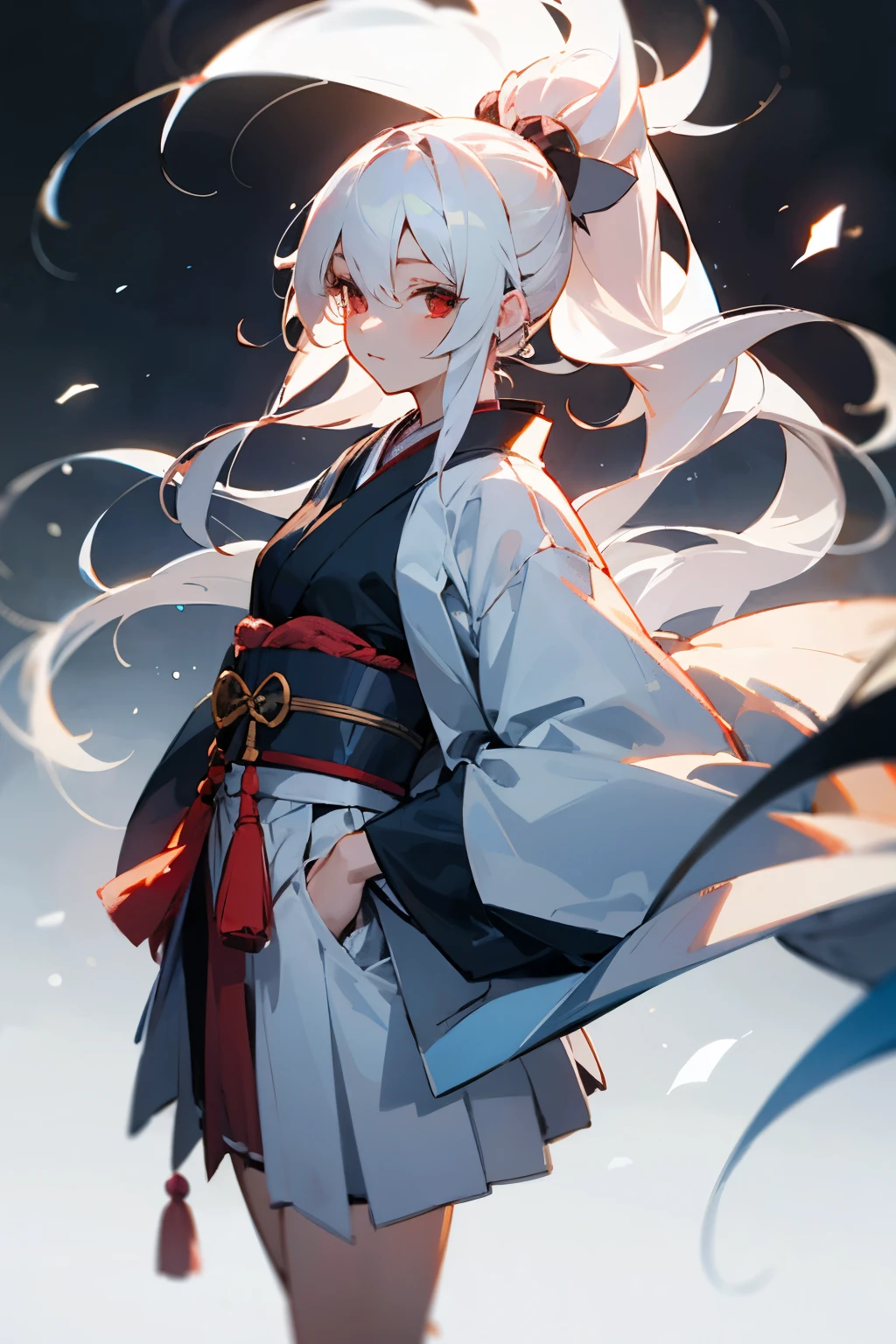 Long white hair with a single ponytail，red eyes，female high school student，Japanese