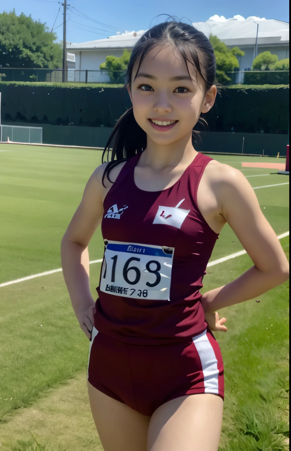 (highest quality, masterpiece), (Beautiful 11 year old Japanese girl), (freckles:0.6), ponytail, smile, garden, track and field athlete