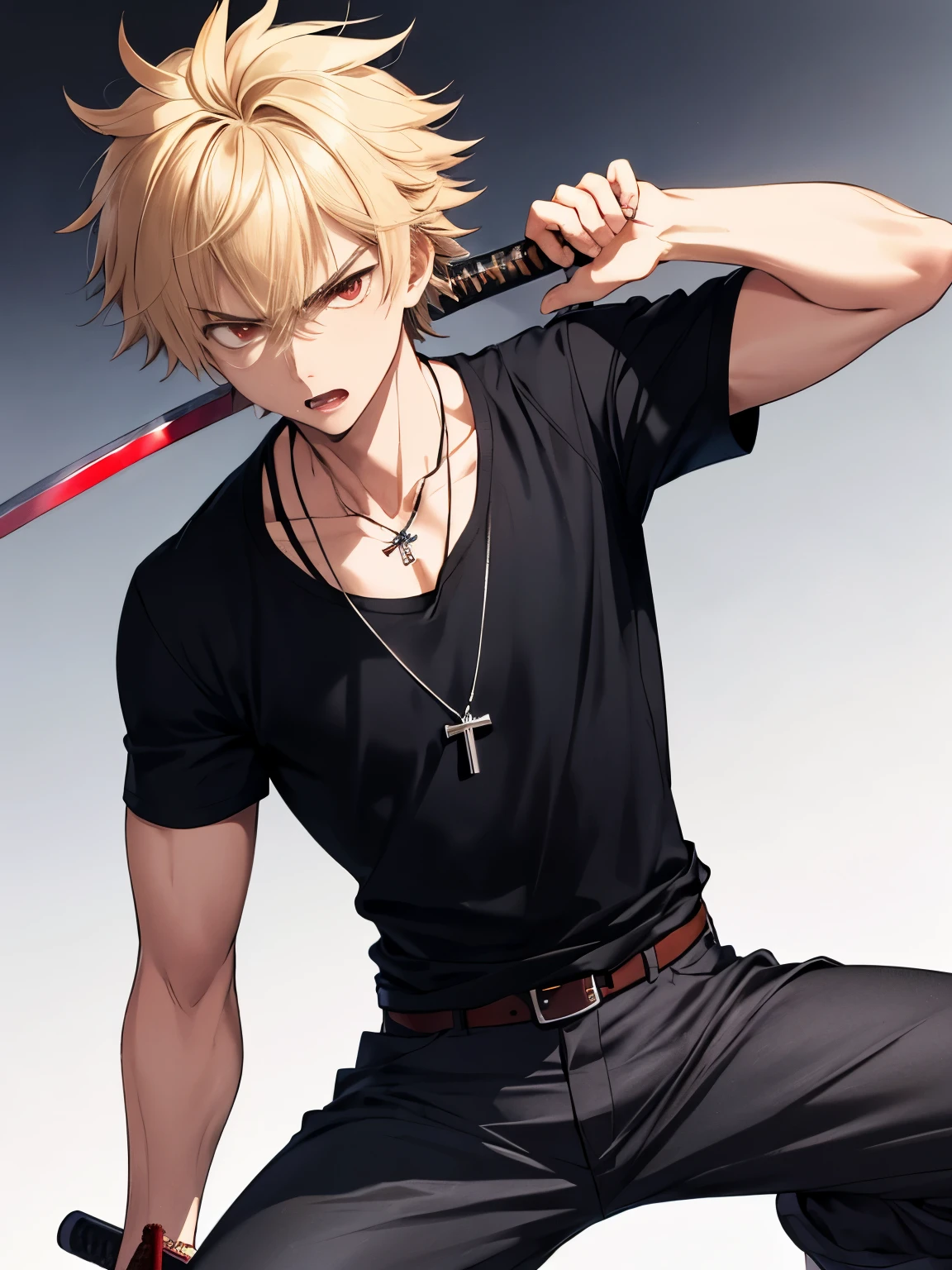 1 boy, guy, handsome, 18 years old, close up photo, angry expression,squat,Camera angle from below,,Short hair,Holding a katana sword,blonde hair, messy hair, handsome,black t-shirt,Cross necklace,black trousers,red eyes, vampire, ultra detail, ultra HD, masterpiece, best quality