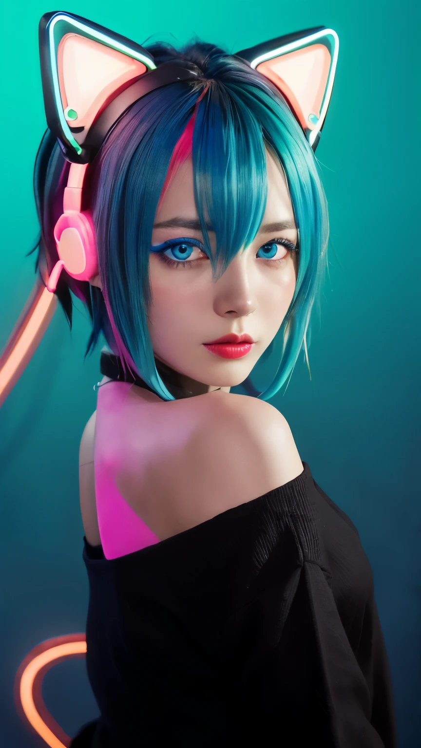 masterpiece, highest quality, 4K, Photorealistic, bokeh, enlightenment,1 perfect portrait of a girl, (A fascinating eye for perfect detail:1.2), colorful hair, (gradient hair), (neon blue hair:1.6), (Cat ear:1.2), fantasy background, (exposed bare shoulders), (Neon blue long-term alienation sleeve), (lean forward a little), head tilt, movie lighting, oversized clothes, (seductive pose:1.4), (neon blue background:1.6), beautiful blue eyes, close up,