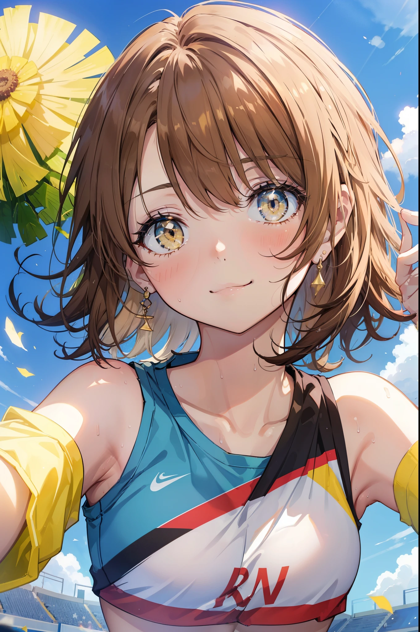 irohaisshiki, iroha isshiki, short hair, brown hair, (brown eyes:1.5), smile,happy smile, smile, open your mouth,(cheer leading), (whole body), big breasts, lower, (sweaty), sweaty Wet Clothes, (yellow clothes),Yellow pleated skirt,sneakers , Navel support, playground, (jump), (jump), 足を曲げてjumpする, air, blue sky, Grass原, smile
チアリーダー, pom pom \(cheer leading\), Grass, smile, 
break outdoors,stadium,
break looking at viewer,
break (masterpiece:1.2), highest quality, High resolution, unity 8k wallpaper, (figure:0.8), (detailed and beautiful eyes:1.6), highly detailed face, perfect lighting, Very detailed CG, (perfect hands, perfect anatomy),