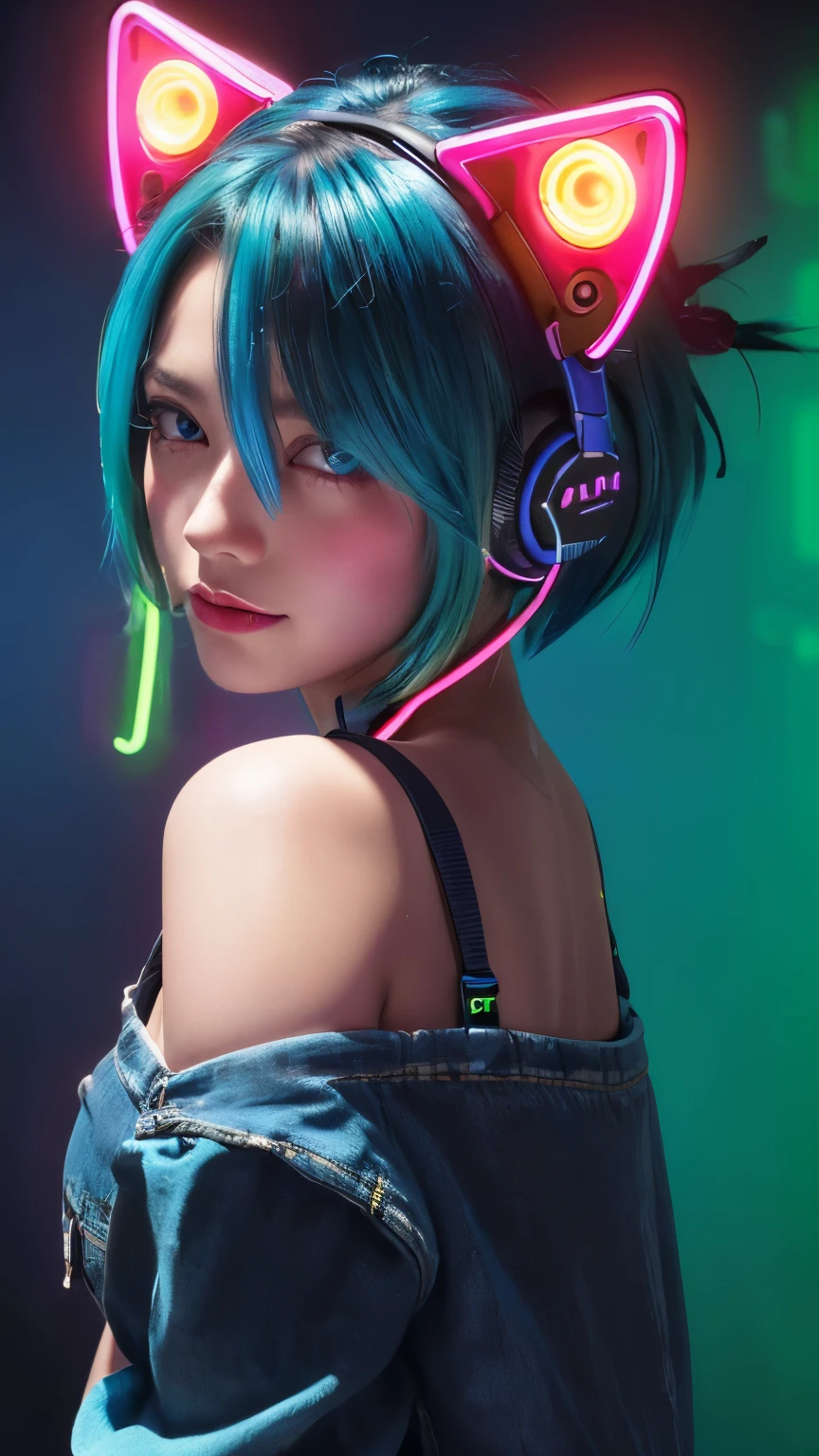 masterpiece, highest quality, 4K, Photorealistic, bokeh, enlightenment,1 perfect portrait of a girl, (A fascinating eye for perfect detail:1.2), colorful hair, (gradient hair), (neon blue hair:1.6), (Cat ear:1.2), fantasy background, (exposed bare shoulders), (Neon blue long-term alienation sleeve), (lean forward a little), head tilt, movie lighting, oversized clothes, (seductive pose:1.4), (neon blue background:1.6), beautiful blue eyes, close up,