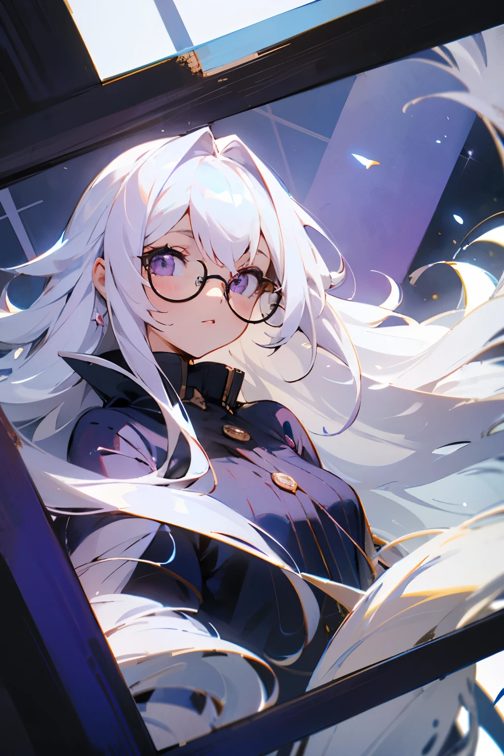 long white hair,a girl,purple eyes,square frame glasses,Two-dimensional beautiful girl