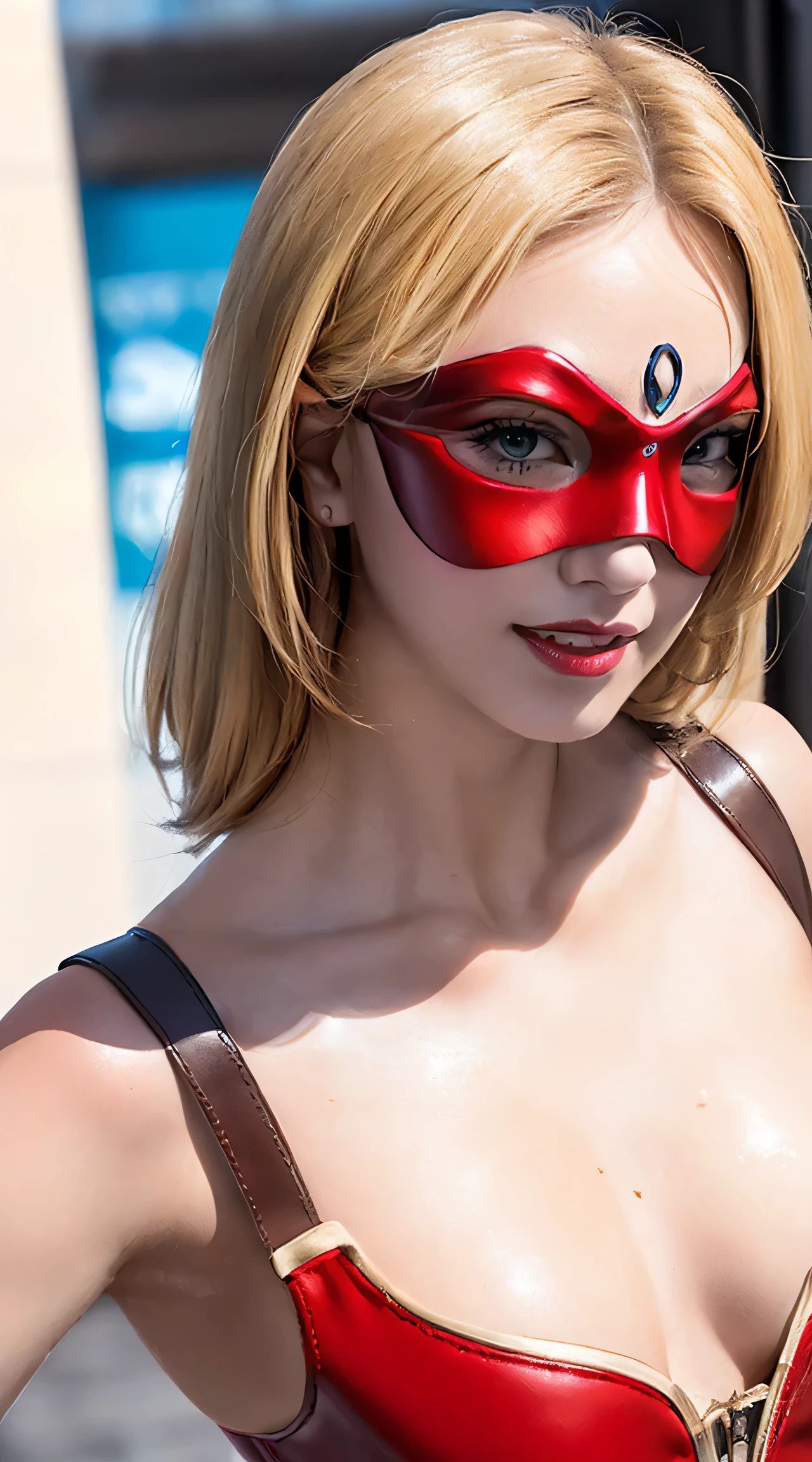 (8K, RAW Photos, of the highest quality, Masterpieces: 1.2), (Realistic, Photorealistic: 1.37), Highest Quality, Ultra High Resolution, Focused eyes, light leaks, Dynamic lighting, Slim and smooth skin, (full Body:1.3), (Soft Saturation: 1.6), (Fair skin: 1.2), (Glossy skin: 1.1), (Oiled skin:1.2), 18 years old, rainy Night, Strong neon light , hard rain,
BREAK, shiny white blonde, Well-formed, (Hair fluttering in the wind:0.9), Physically Based Rendering, From multiple angles, (very Cute:1.3), Beautiful hair blowing in the wind, Chest is sheer, Well equipped, Sheer, Transparent, Glittering Gemstones, Beautiful body shape, It features a simple, BREAK, Hair volume decreases towards the ends of the hair, Beautiful skin without blemish, (thin transparent red leotard costume:1.2), Sparkly lips, The air is clear, shiny white silk blonde hair, Light is coming in from various directions, Hair is through strong light, (extremely super Erotic:1.5), (Bare chest:1.2), (Small breasts:1.2), Under the breasts, narrow waist, narrow shoulders, gazing at viewer, Big smile, old downtown, Bathing, short hair, damaged, (red bikini:1.1), (in pool:1.2), (shiny skin:1.2), (shiny silky white blonde:1.2), BREAK, (shiny red eye mask:1.3), dark purple eyeshadow, The mouth is visible, Red glowing lipstick, bilaterally symmetrical, open eyes, lucent light blue eyes, shoulder armor, much water, bikini armor, sword, (shiny red knee-high boots:1.3) , small buttoks, round face, full lips, (slender ankles:1.2), shot from below, beautiful back,