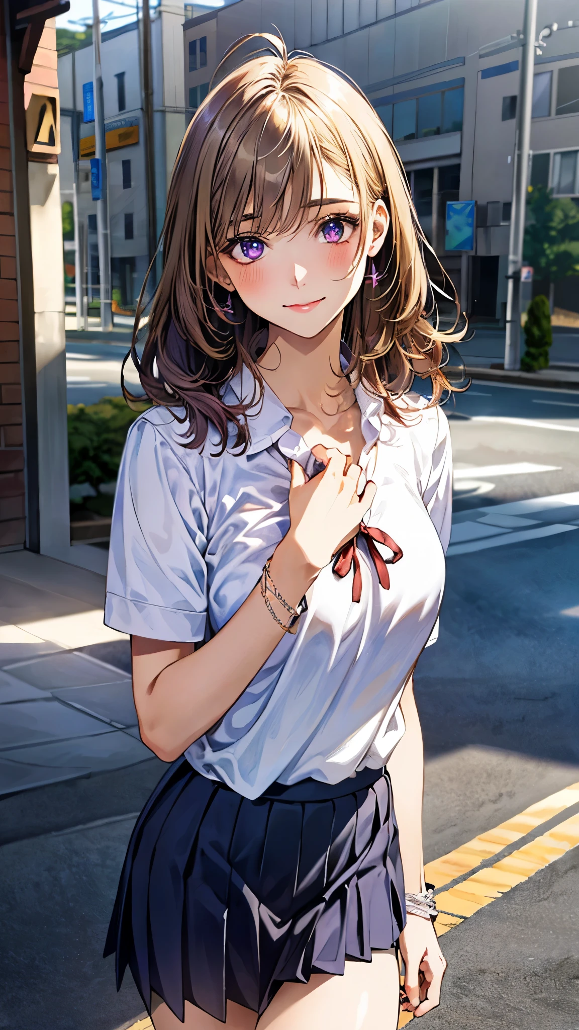 (masterpiece:1.2, top-quality), (realistic, photorealistic:1.4), beautiful illustration, (natural side lighting, movie lighting),
looking at viewer, full body, front view:0.6, 1 girl, japanese, high school girl, perfect face, cute and symmetrical face, shiny hair, shiny skin,
(middle hair, (one side up), (blonde hair)), crossed bangs, purple eyes, big eyes, long eye lasher, (middle breasts), (3 white hairpin),
beautiful hair, beautiful face, beautiful detailed eyes, beautiful clavicle, beautiful body, beautiful chest, beautiful thigh, beautiful legs, beautiful fingers,
((short sleeve white collared shirt, Johnny's School Jumper Skirt), red neck ribbon, wrist chouchou, purple hair chouchou),
(beautiful scenery), sidewalk, (walking, skirt hold), (false smile),