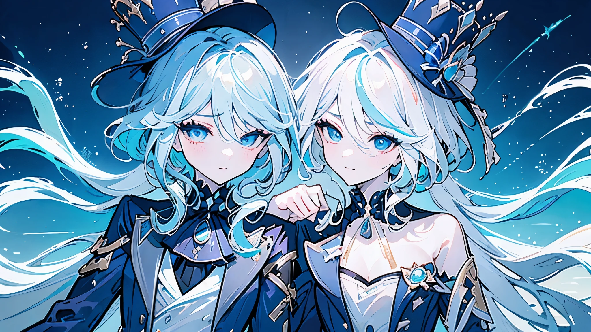 Focalors,Top image quality,A high resolution,tmasterpiece,A masterpiece,Beautiful CG illustration,Exquisite depiction of facial features,Stunning facial depiction,Aqua blue hair，Aqua blue eyes,Meticulous eye depiction，With a top hat，A half body，Sit，body symmetrical