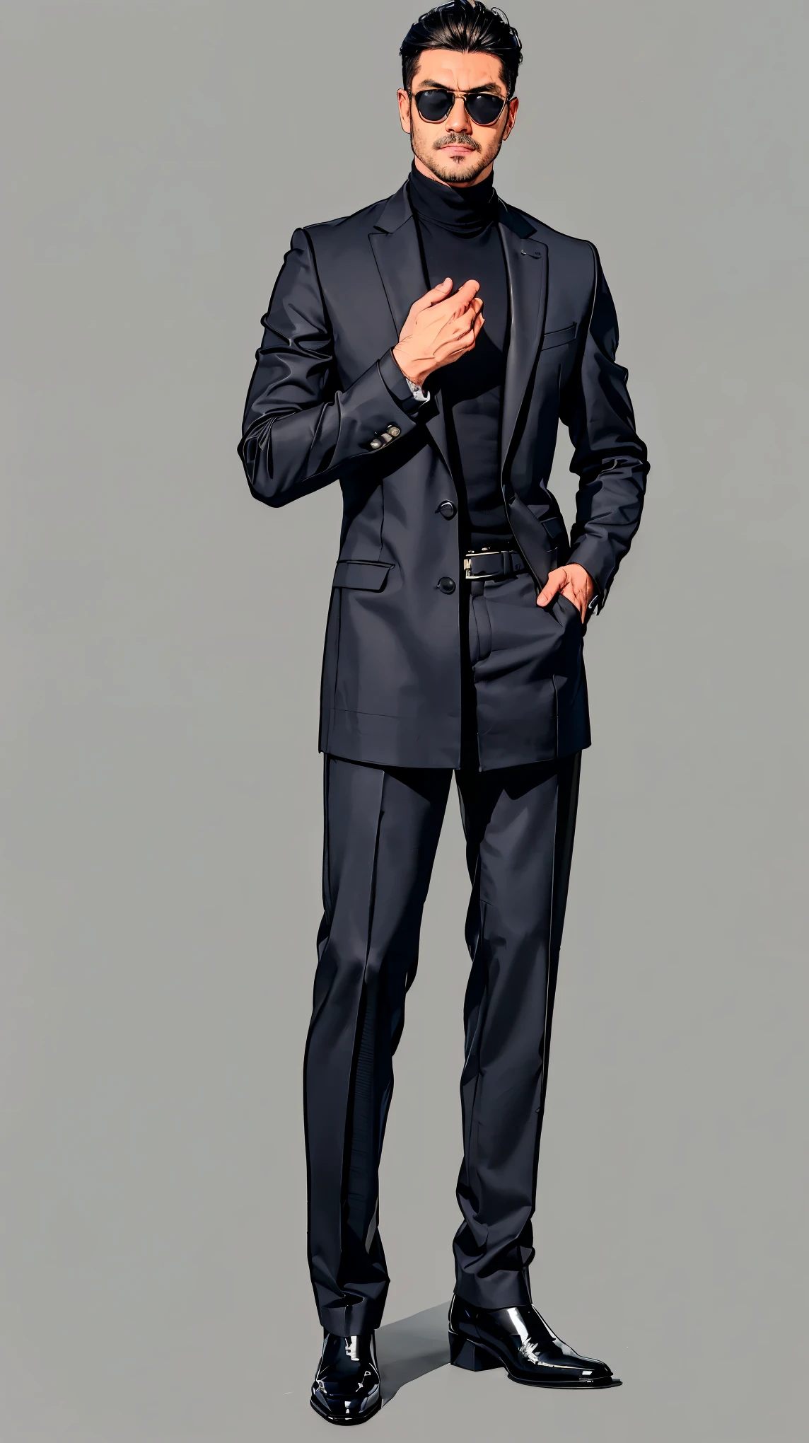 ((best quality,4k,highres,masterpiece:1.2)),((character concept art)), 1 male, age 35. Known for his deadly charm and mysterious aura, John embodies the role of a professional hitman. His body language is as commanding as his profession, always exuding confidence and mystery. (((wearing a Loro Piana Black/gray Melange Classic Turtleneck in Baby Cashmere, a Loro Piana Black/gray Melange Sweater Coat in Double Cashmere, Brunello Cucinelli black Virgin wool fresco ergonomic fit trousers with pleats, Berluti Caractère Éclair Alligator Leather Boot in COLOR: NERO BLU, pair of Tom Ford Raoul sunglasses.))) ((intricate detail)), super finely detailed hands, ultra finely detailed fingers(((ten fingers))), (standing confidently), (full body showcase), (show full body), (no logos on background), (no logo), ((plain background)), ((plain background)), (((empty background))).