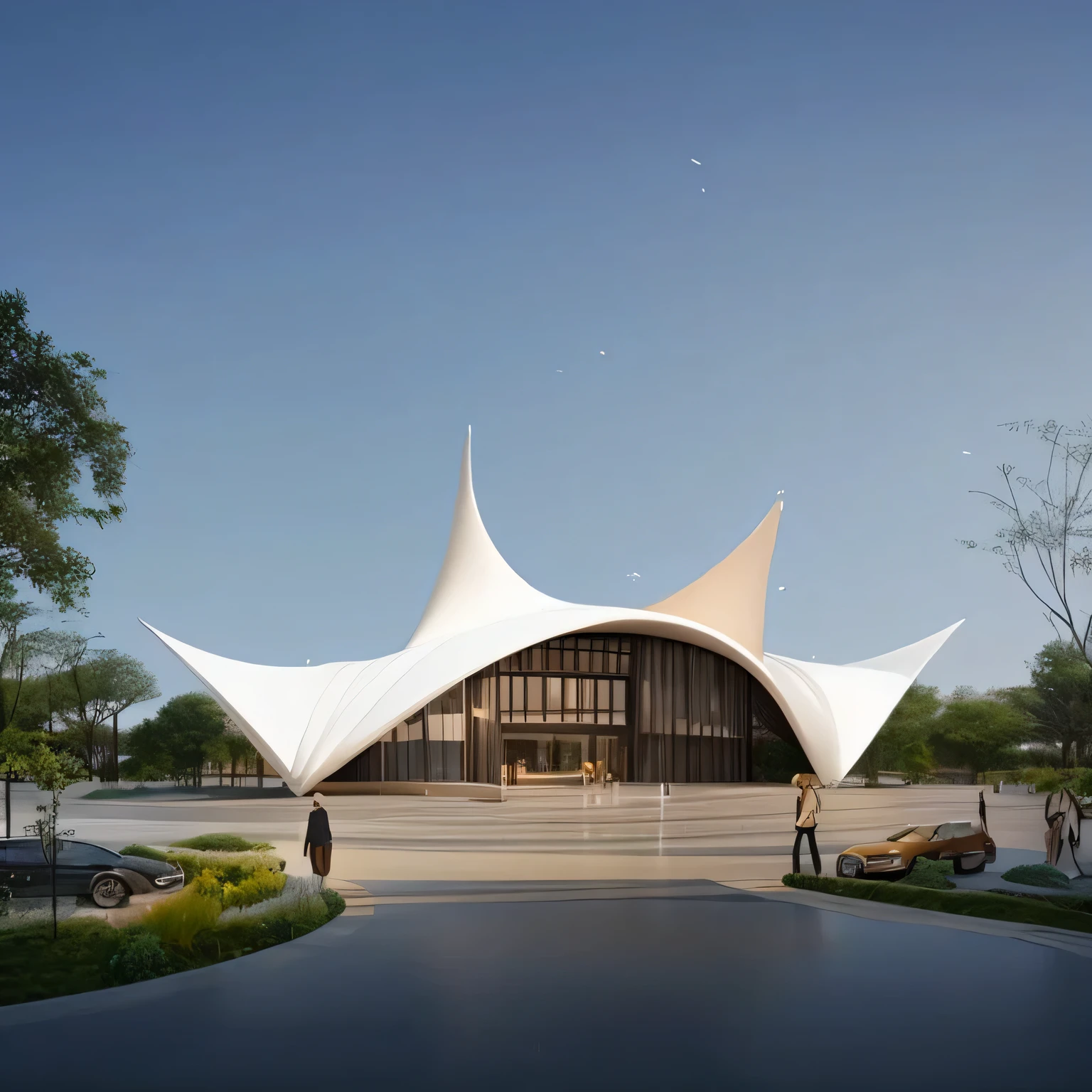 Arav structure with curved roof and curving walkway, by Zha Shibiao, futuristic church, tent architecture, grand design, highly rendered, inspired by Zha Shibiao, architectural renderinging, architectural rendering, architectural visualization, Beautiful design, Overall architectural design, 3D architecture, Architectural 3D rendering, highly rendered!!, architectural concept