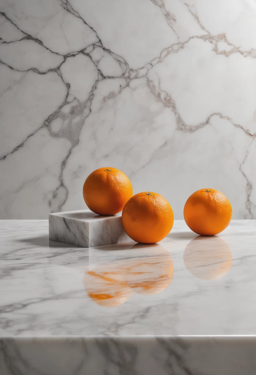 an eclipse of the moon. oranges on a white marble table, 8k