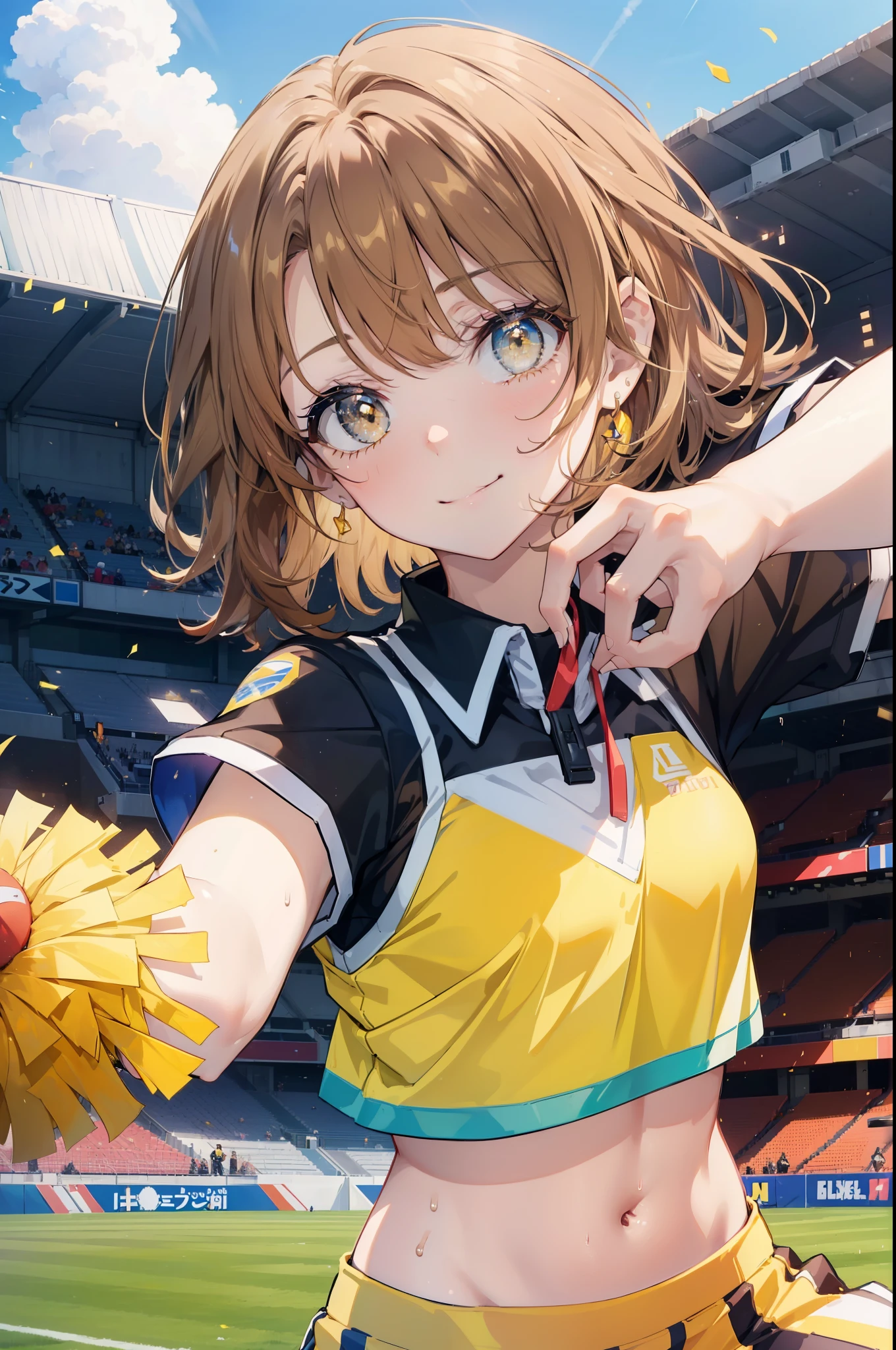 irohaisshiki, iroha isshiki, short hair, brown hair, (brown eyes:1.5), smile,happy smile, smile, open your mouth,(cheer leading), (whole body), big breasts, lower, (sweaty), sweaty Wet Clothes, (yellow clothes),Yellow pleated skirt,sneakers , Navel support, playground, (jump), (jump), 足を曲げてjumpする, air, blue sky, Grass原, smile
チアリーダー, pom pom \(cheer leading\), Grass, smile, 
break outdoors,stadium,
break looking at viewer,
break (masterpiece:1.2), highest quality, High resolution, unity 8k wallpaper, (figure:0.8), (detailed and beautiful eyes:1.6), highly detailed face, perfect lighting, Very detailed CG, (perfect hands, perfect anatomy),