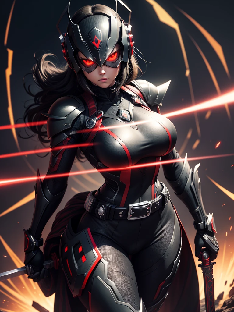best quality,4k,8k,Kamen Rider Black, solo, night background, red eyes, glowing eyes, (1girl,mature woman,large breasts), full body, weapon, female focus, belt, sword, holding weapon, armor, holding sword, helmet, clenched hand, antennae, rider belt,