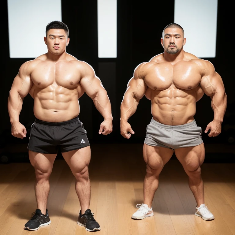 (at gym:1.4), 40's, (Japanese face:1.4), (Korean face:1.4), (Chinese face:1.4), (Taiwanese face:1.4), manly face, fat face, (round face:1.4), (monolid eyes:1.2), (buzz cut:1.5), very large and strong body, bulky body, beefy muscles, (bulging muscles:1.4), (very large pectoral muscles:1.4), (muscular arms:1.4), muscular abs, muscular legs, muscular back, bright oily skin, (realistic:1.2), distant view
