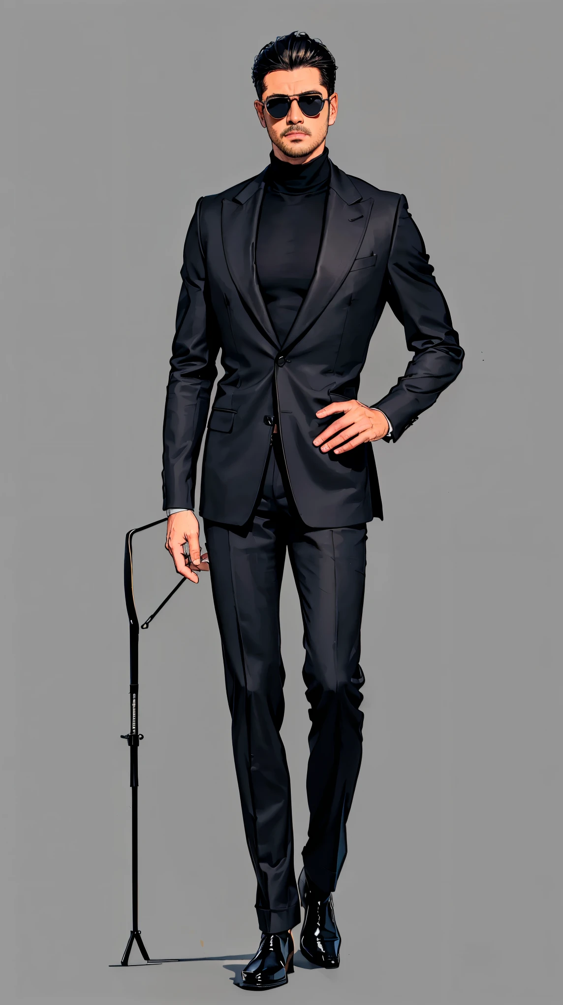 ((best quality,4k,highres,masterpiece:1.2)),((character concept art)), 1 male, age 35. Known for his deadly charm and mysterious aura, John embodies the role of a professional hitman. His body language is as commanding as his profession, always exuding confidence and mystery. (((wearing a Loro Piana Black/gray Melange Classic Turtleneck in Baby Cashmere, a Loro Piana Black/gray Melange Sweater Coat in Double Cashmere, Brunello Cucinelli black Virgin wool fresco ergonomic fit trousers with pleats, Berluti Caractère Éclair Alligator Leather Boot in COLOR: NERO BLU, pair of Tom Ford Raoul sunglasses.))) ((intricate detail)), super finely detailed hands, ultra finely detailed fingers(((ten fingers))), (standing confidently), (full body showcase), (show full body), (no logos on background), (no logo), ((plain background)), ((plain background)), (((empty background))).