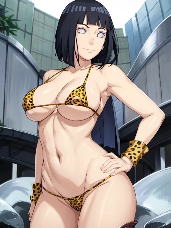 (4k, Non-angled view, portrait, highest quality, cowboy shot), (Super detailed body, crooked), ((alone, 1 girl)), anime style, hire, ((white background)), (Hinata\(bolt\), (female wrestler), (slender body, broad shoulders), (mature woman, mature woman), (leopard print micro bikini), (very gorgeous), (tilt head, fascinating look, ((seductive pose, armpit, stretch)), fascinating face, fascinating look, (sexy look), smile, closed mouth), (pale skin, shiny skin, lighting and shadows), (dark blue hair color:1.1), wavy hair, ((short hair, princess cut, (floating hair)), big breasts, ((Detailed arm curves)), (long belly, Injured abdomen), (very fascinating), (perfect eyes, anime eyes)