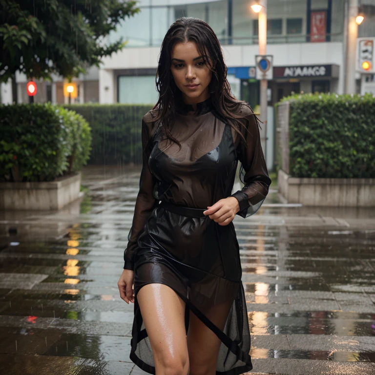 Beautiful woman with beautiful breasts runs in the rain, wearing a see-through black wet dress 