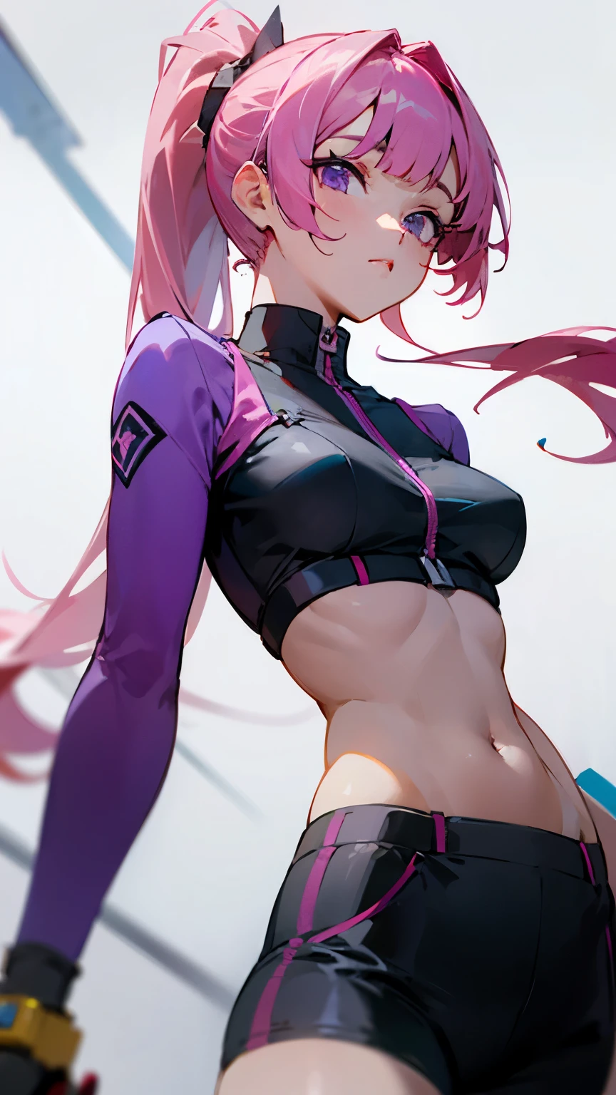 pink hair,Long hair single ponytail,purple eyes,female high school student,One-sided oblique bangs,