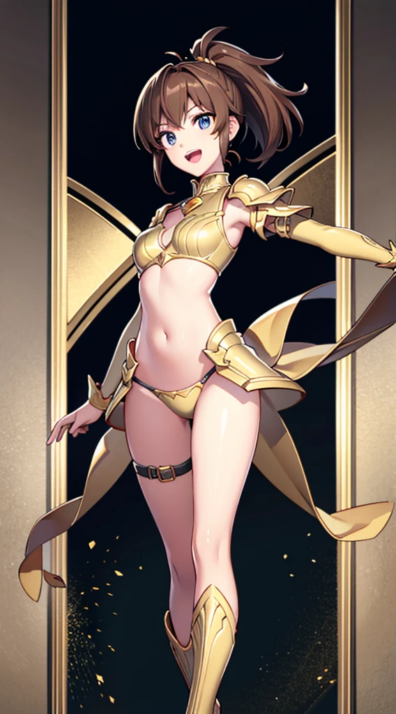 (1 girl,alone) ,fantasy, High resolution, 19 Private, original, (waist sheath:1.3), smile with open mouth, , short hair, medium breasts, view viewer, bangs ,Hazel eye detail, , put your hand on your chest,(brown hair,short ponytail hair:1.5), ,short hair, Are standing,straight, Avec,(Full body Esbian:1.1), white thighs,(Avec:1.4),Close-up portrait of a woman in gold armor, armor girl, ビキニアーマーのfemale knight, gold bikini armor,gold bikini armor, gorgeous female paladin, female knight, 美しいfemale knightの, beautiful armor, Slender、gold bikini armor, exposure of the abdomen, Glamorous gold bikini armor, stunning armor, The beautiful knight smiled,vertical navel、skin luster、Esbians with rough skin,Futomo,silver armored boots,Don