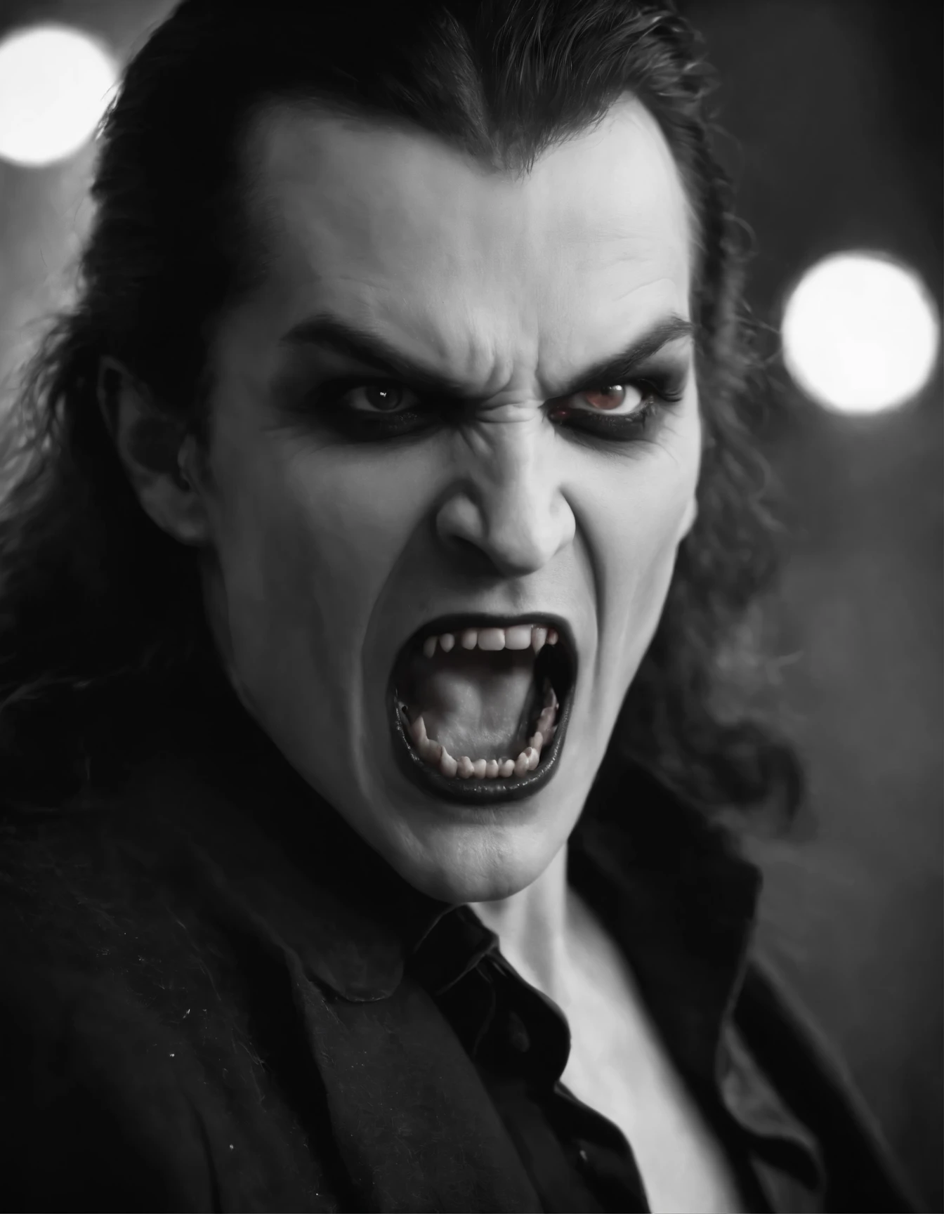 cinematic photo (beautiful:0.68) looking man half (bat:0.1) ((with 2 long top vampire fang teeth, like sabre tooth animal teeth)), long leather coat, (in a dark midnight grave yard) , ((2 long vampire fangs, like sabre tooth teeth)), snarling face. blood on teeth . Monochrome, high contrast, dramatic shadows, 1940s style, mysterious, cinematic, cinematic photorealistic, 8k uhd natural lighting, raw, rich, intricate details, key visual, atmospheric lighting, 35mm photograph, film, bokeh, professional, 4k, highly detailed . 35mm photograph, film, bokeh, professional, 4k, highly detailed